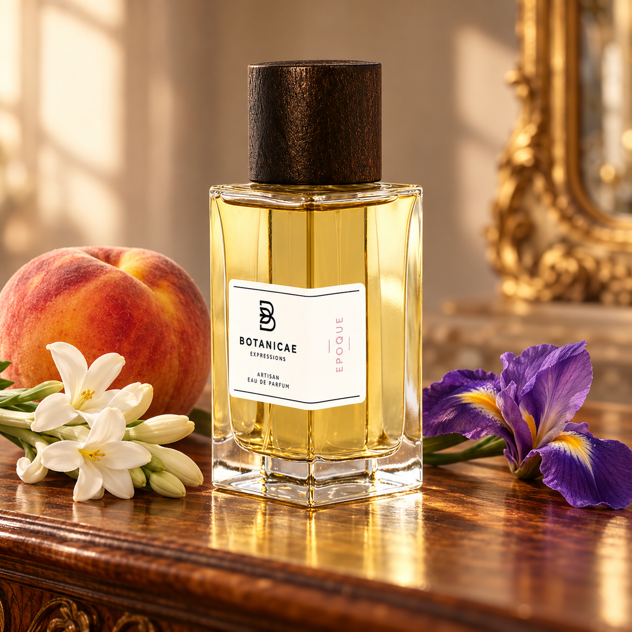 Botanicae Epoque bottle with peach, white flowers and purple iris on an antique wooden console in warm window light.