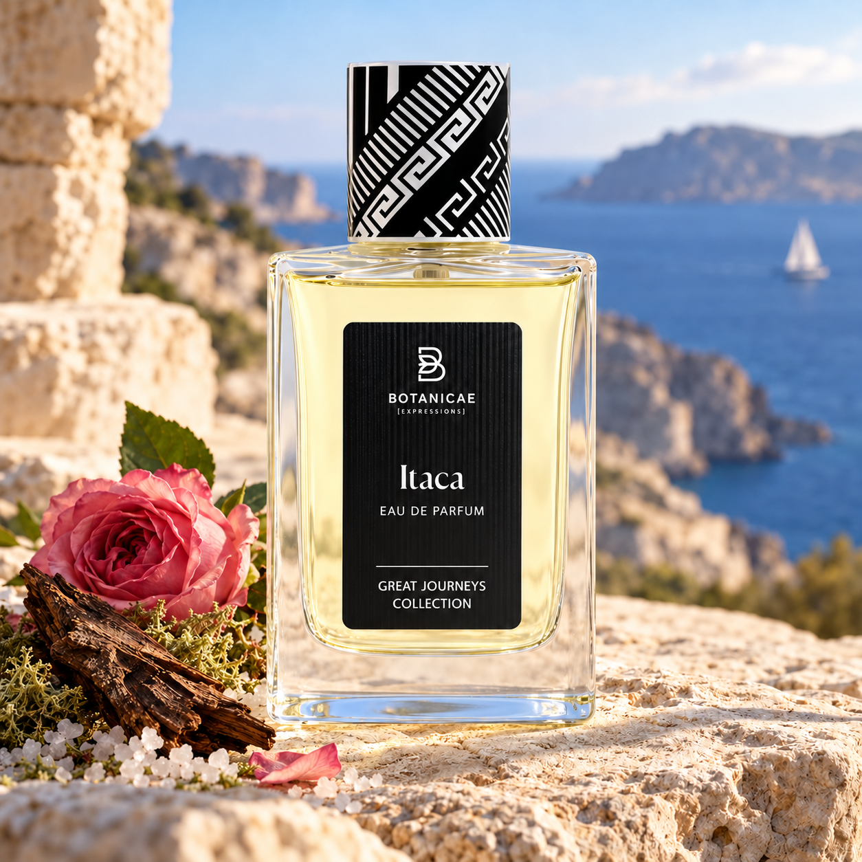 Botanicae Itaca on coastal stone beside a pink rose, oud wood, moss and salt, overlooking blue water and a distant sailboat.