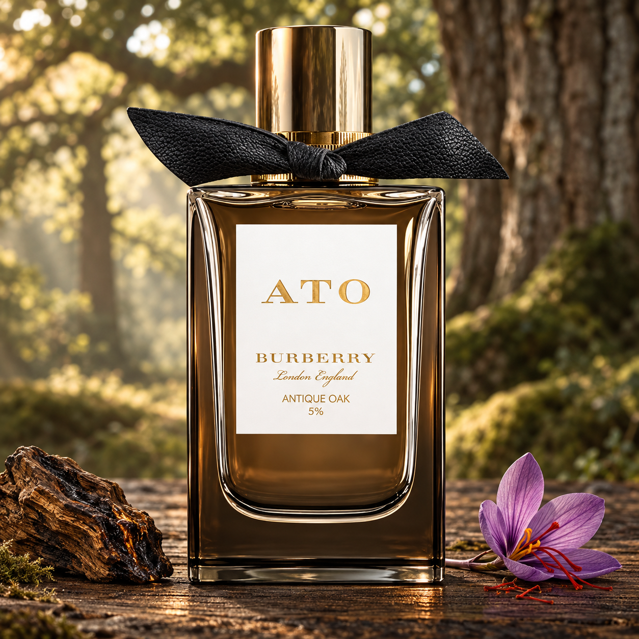 Burberry Antique Oak on aged oak beside oud wood and a purple saffron crocus, with softly lit woodland behind it.
