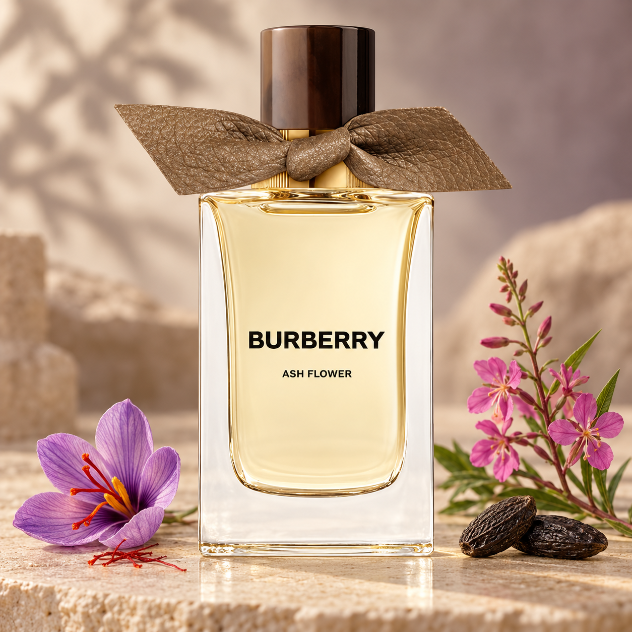 Burberry Ash Flower on pale limestone beside purple saffron crocus, pink rosebay willowherb, and tonka beans, in soft warm light.