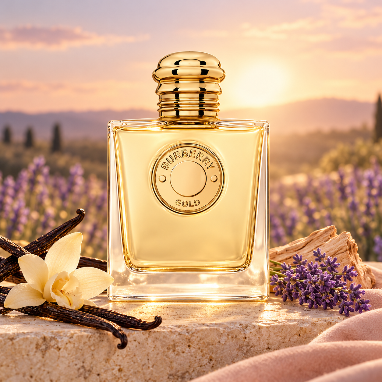 Burberry Gold beside vanilla pods, an ivory orchid, lavender, and pale wood in warm sunset light.