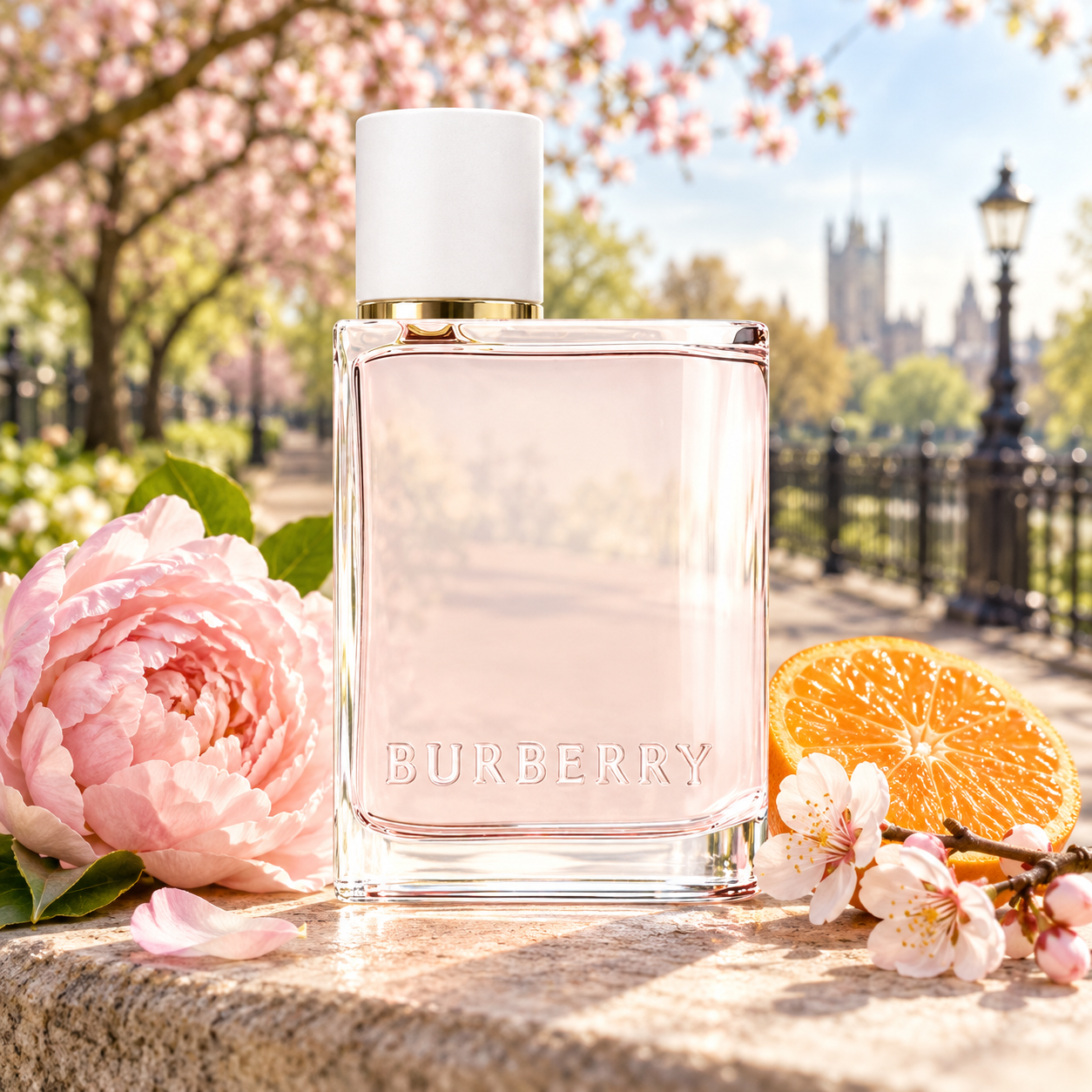 Her Blossom surrounded by peony, plum blossoms, and mandarin in a sunlit London park.