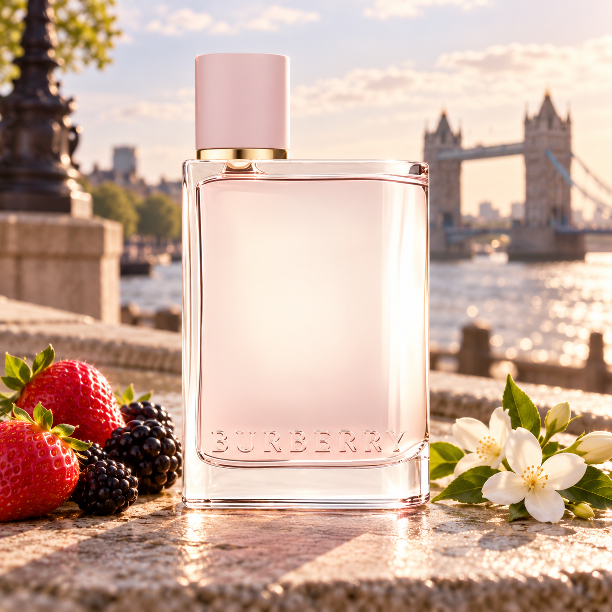 Burberry Her with strawberries, blackberries, and jasmine beside the Thames, with Tower Bridge in warm sunlight.