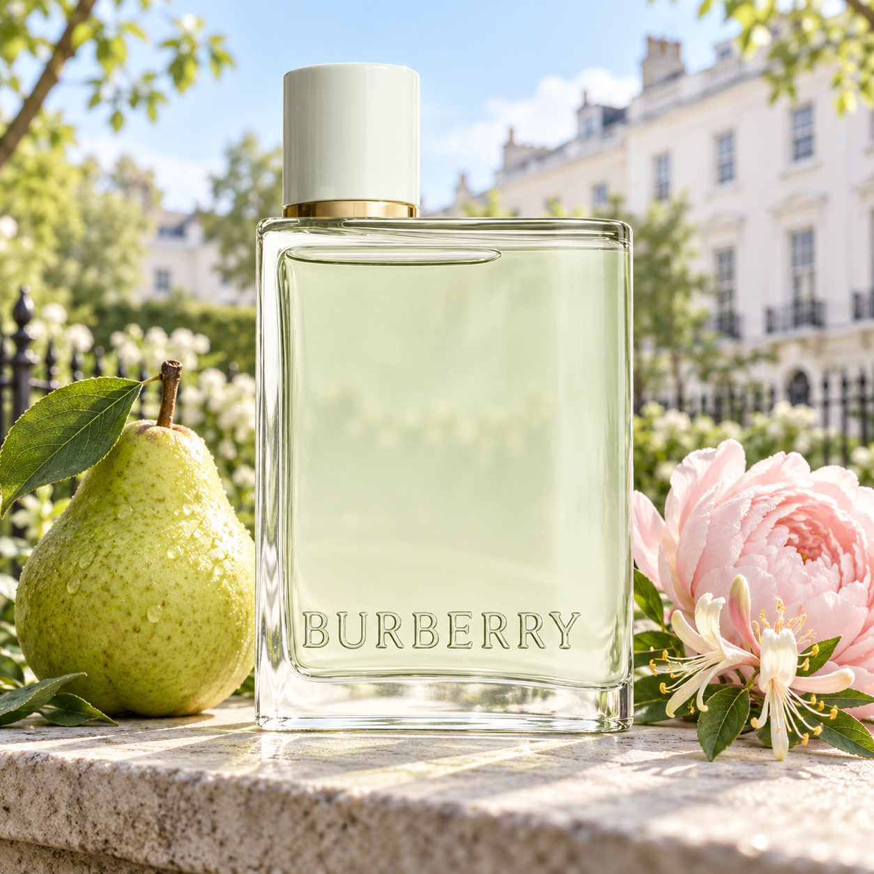 Burberry Her Eau de Toilette with green pear, pink peony, and honeysuckle in a sunlit London garden square.