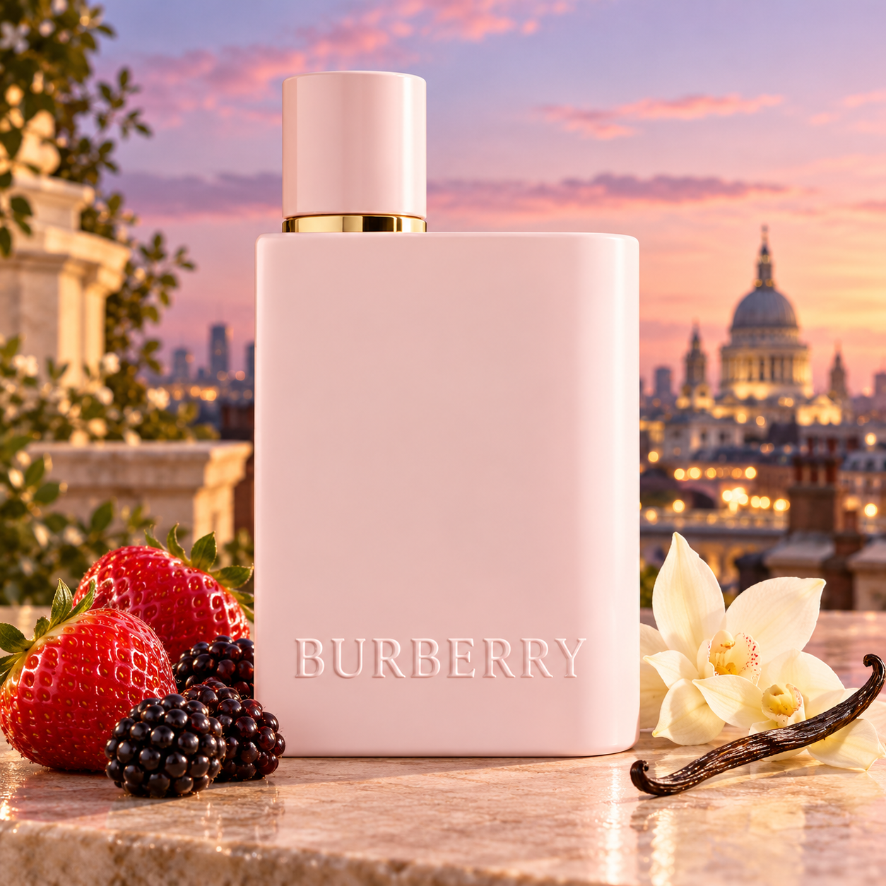 Burberry Her Elixir with strawberries, blackberries, and vanilla orchids overlooking London at pink twilight.