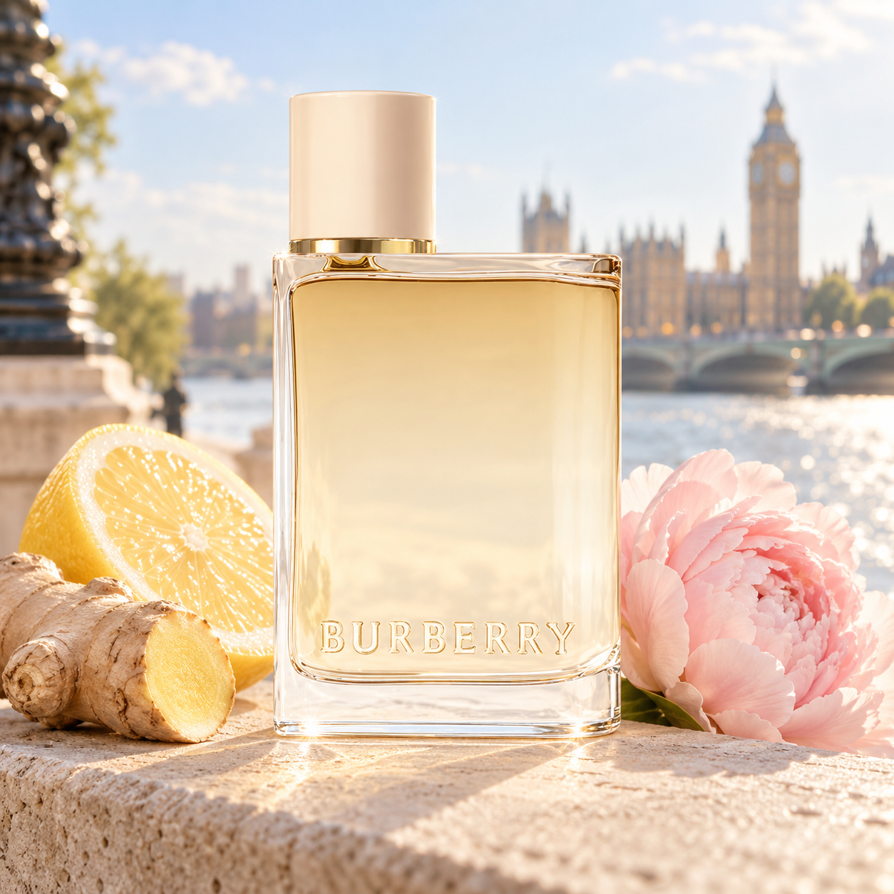 Burberry Her London Dream with lemon, ginger, and pink peony beside the Thames, with Westminster in hazy sunlight.