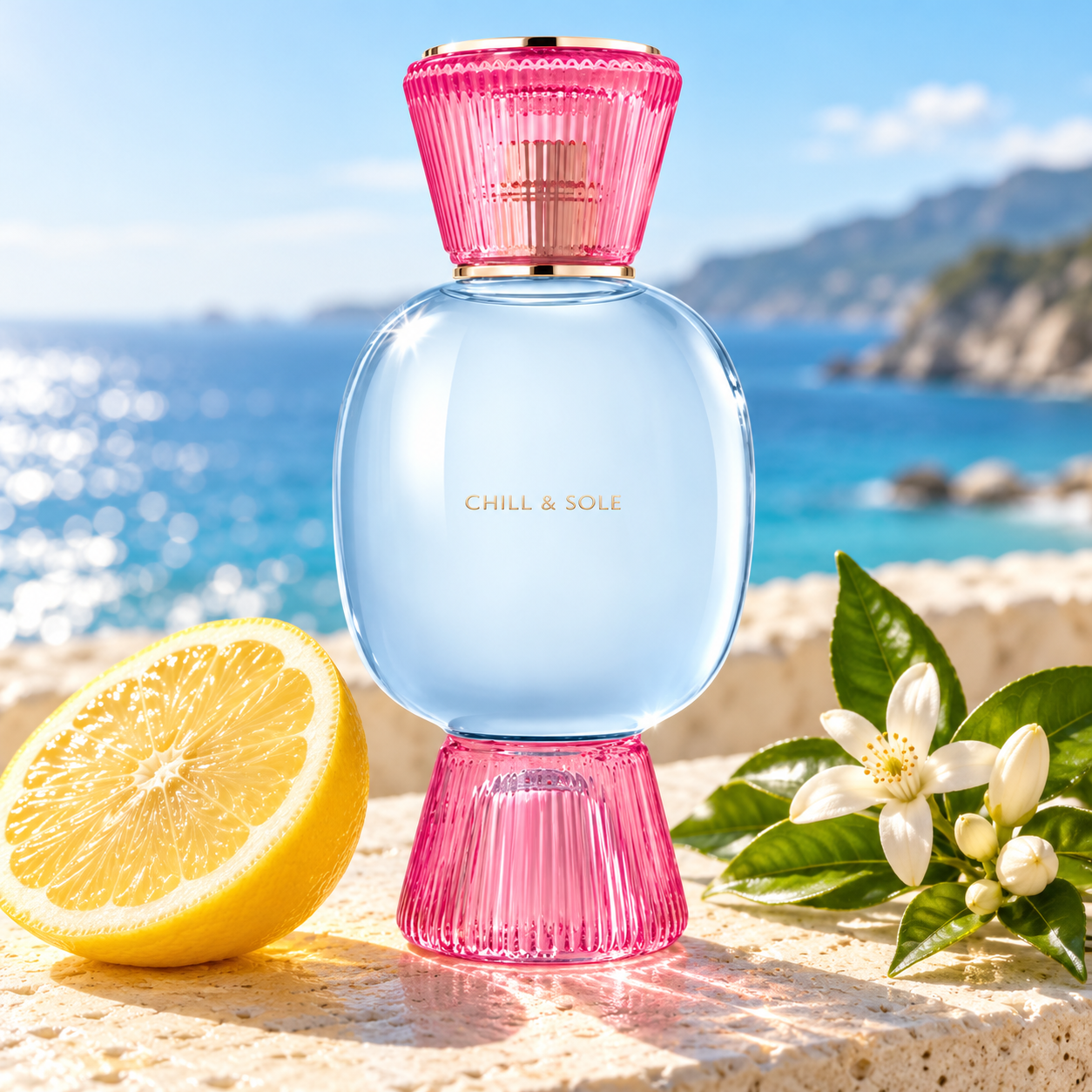 Bvlgari Allegra Chill & Sole on sunlit limestone beside a lemon half and orange blossoms, overlooking a turquoise Mediterranean coast.