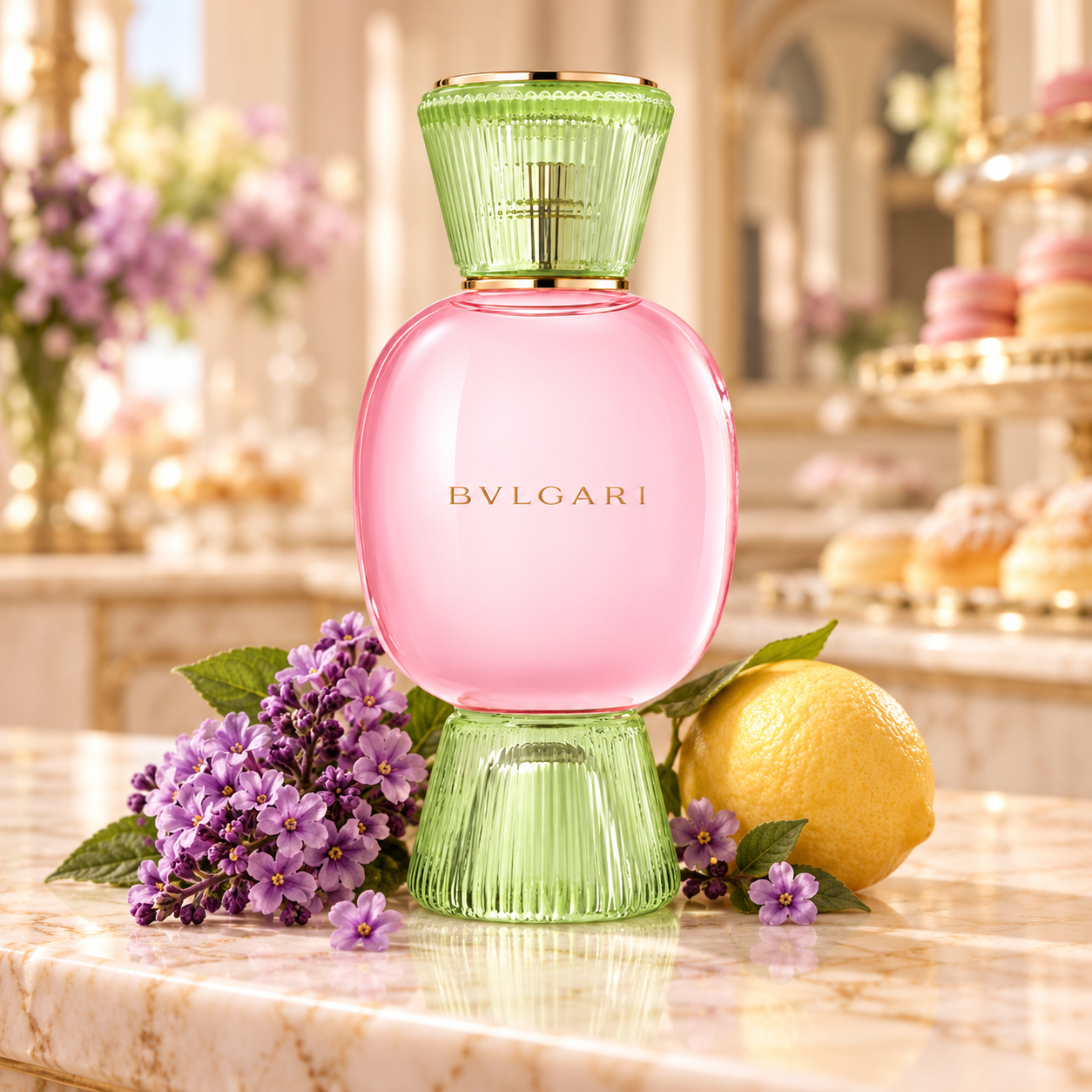 Bvlgari Dolce Estasi pink and green bottle with purple flowers and a whole citrus fruit on marble in a softly lit pasticceria.
