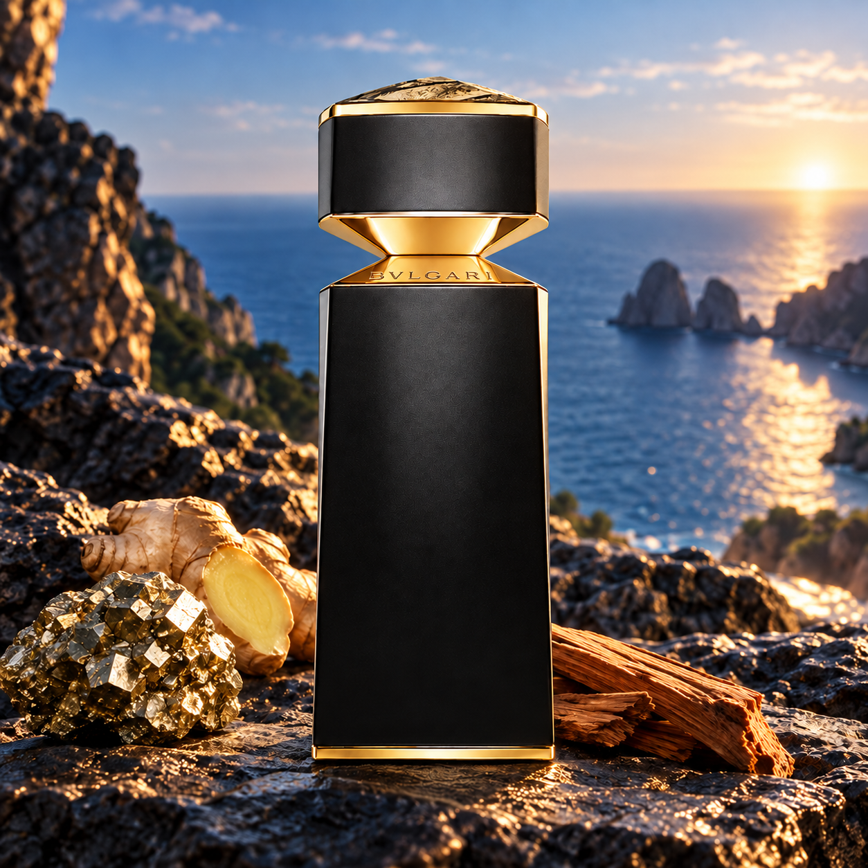 Bvlgari Le Gemme Empyr perfume with pyrite, ginger and sandalwood on dark coastal rock above a Mediterranean sea at sunset.