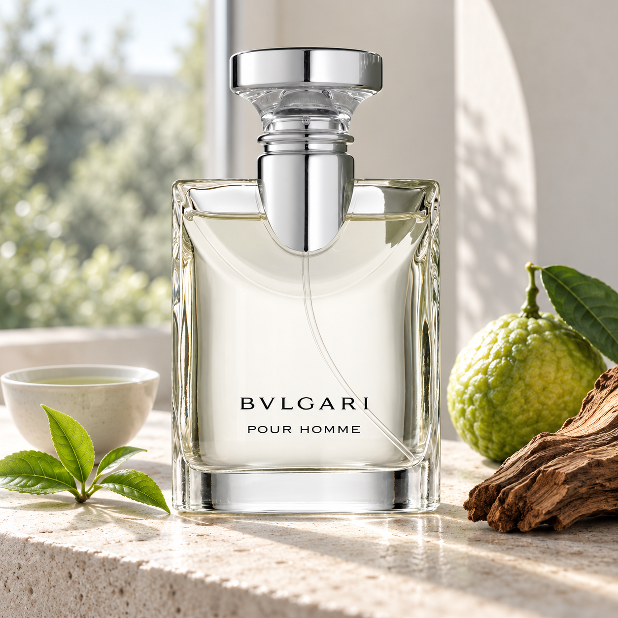 Bvlgari Pour Homme with fresh tea leaves, brewed tea, bergamot, and cedarwood beside a sunlit window.
