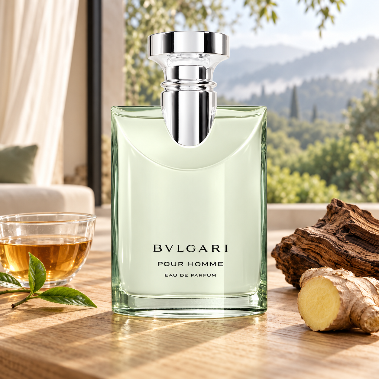 Bvlgari Pour Homme Eau de Parfum with tea, ginger, and guaiac wood beside an open doorway overlooking green woodland.