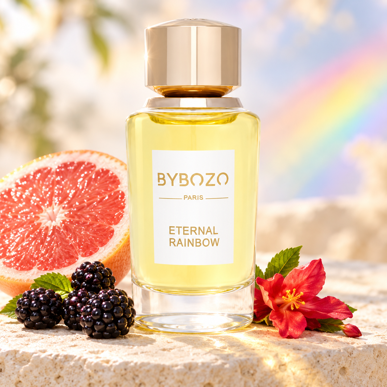 ByBozo Eternal Rainbow bottle with grapefruit, blackberries and a red flower against a softly lit rainbow background.