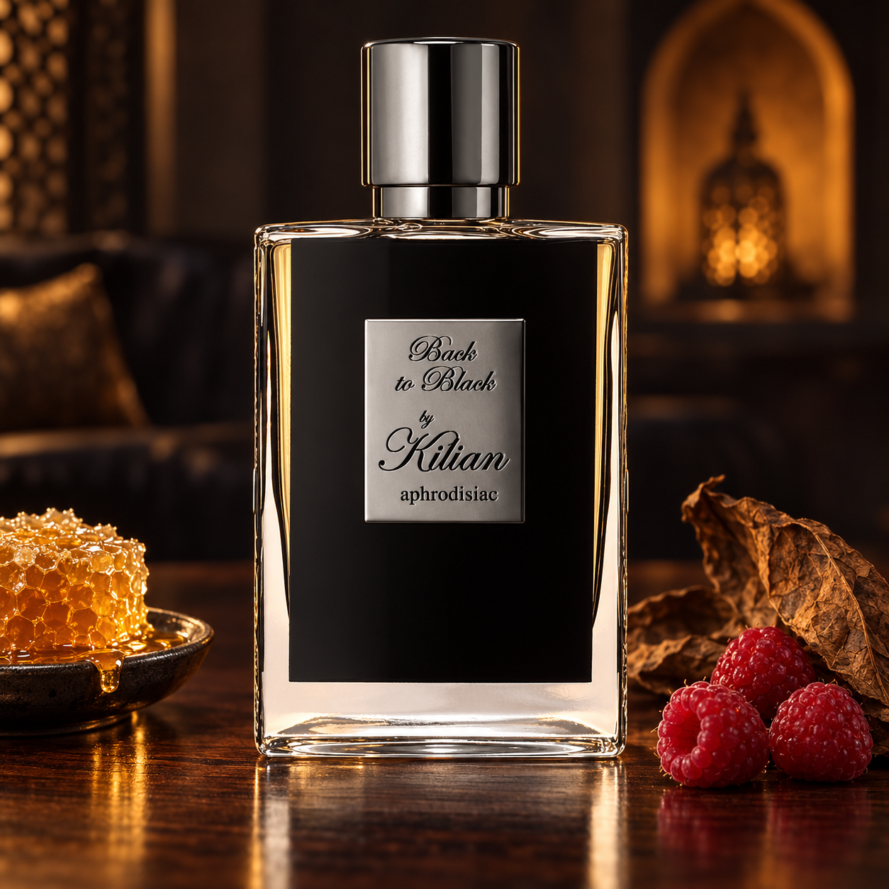 By Kilian Back to Black on dark wood beside honeycomb, tobacco leaf, and raspberries in a softly lit amber lounge.