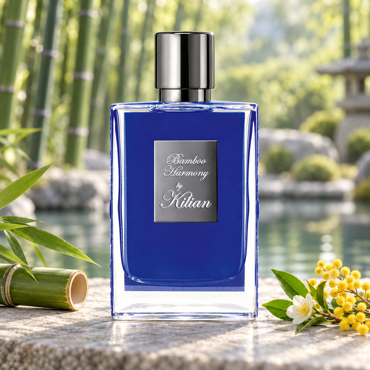 By Kilian Bamboo Harmony on pale stone beside cut bamboo, fresh tea foliage, and yellow mimosa, overlooking a tranquil garden pool.