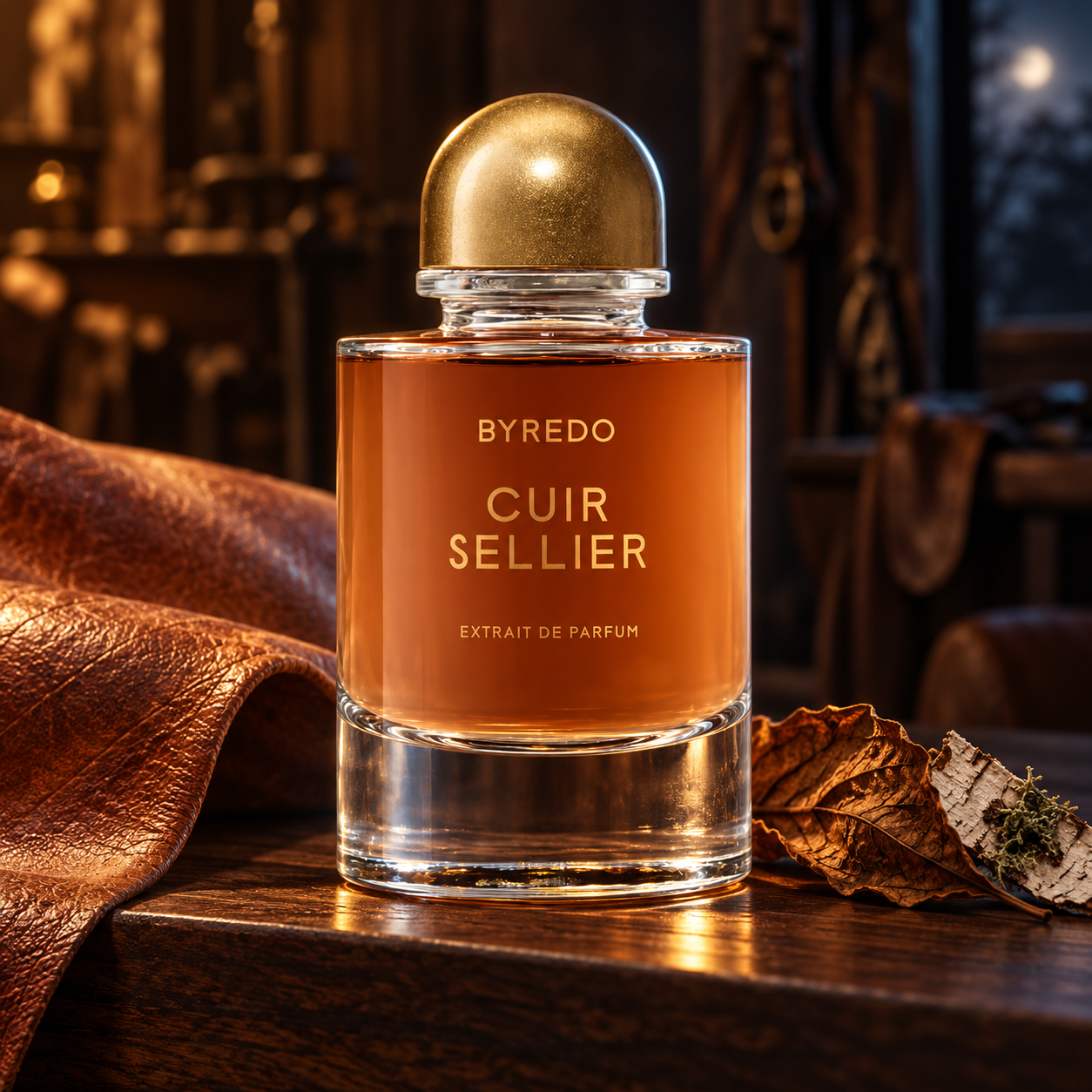 Byredo Cuir Sellier on dark walnut beside aged leather, tobacco leaf, birch bark, and moss in warm evening light.