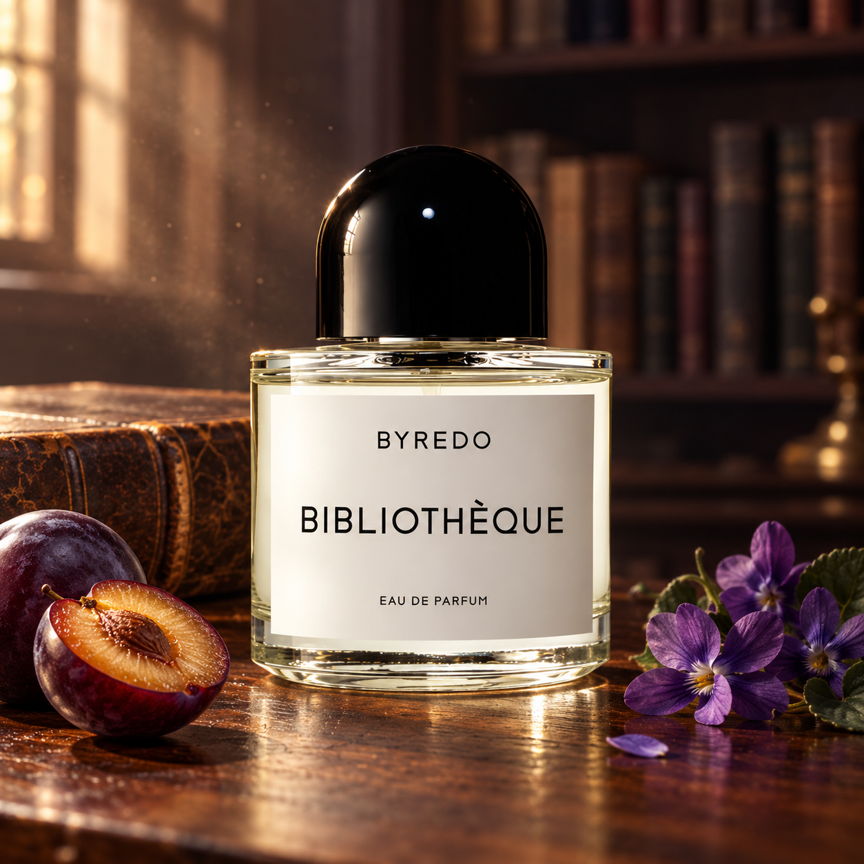 Byredo Bibliothèque beside plums, violets, and a worn leather-bound book on a dark wooden table in a softly sunlit library.