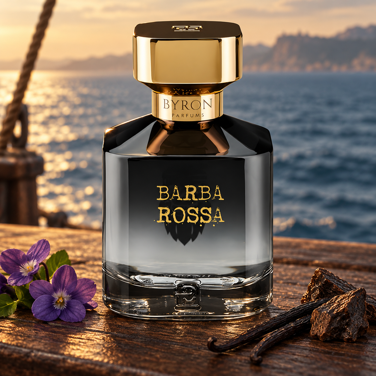 Byron Parfums Barba Rossa on a wooden ship deck beside violets, vanilla pods, and oud wood, overlooking a golden-lit sea.