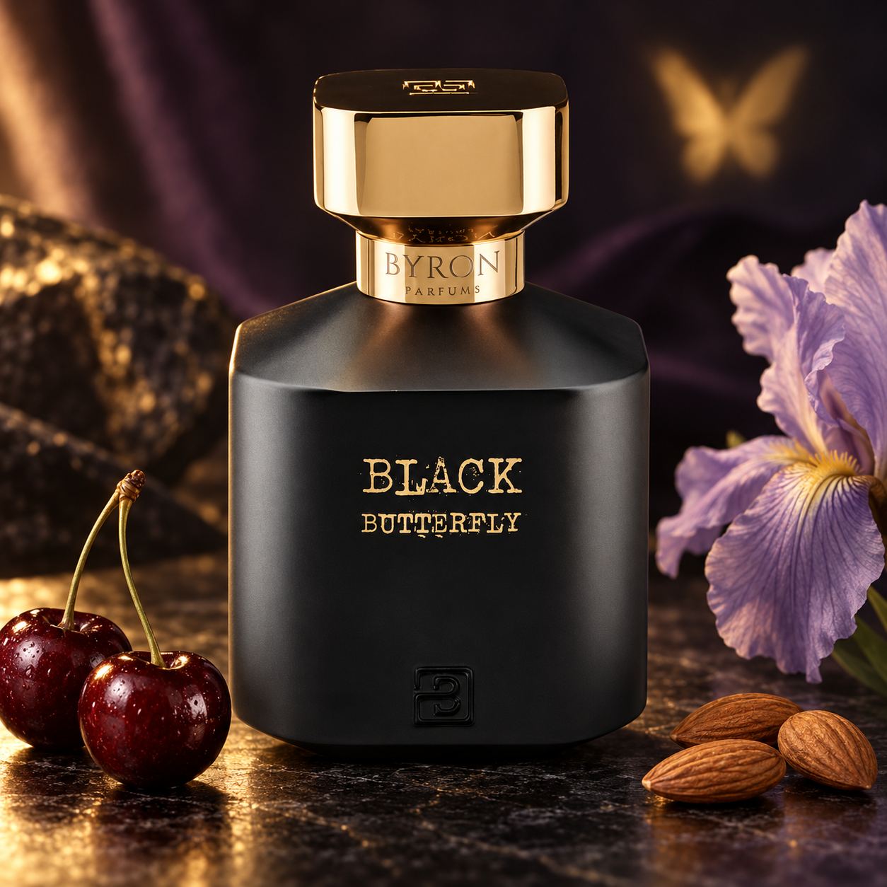 Byron Parfums Black Butterfly beside whole cherries, almonds, and lavender iris, with warm gold light and a butterfly silhouette behind it.