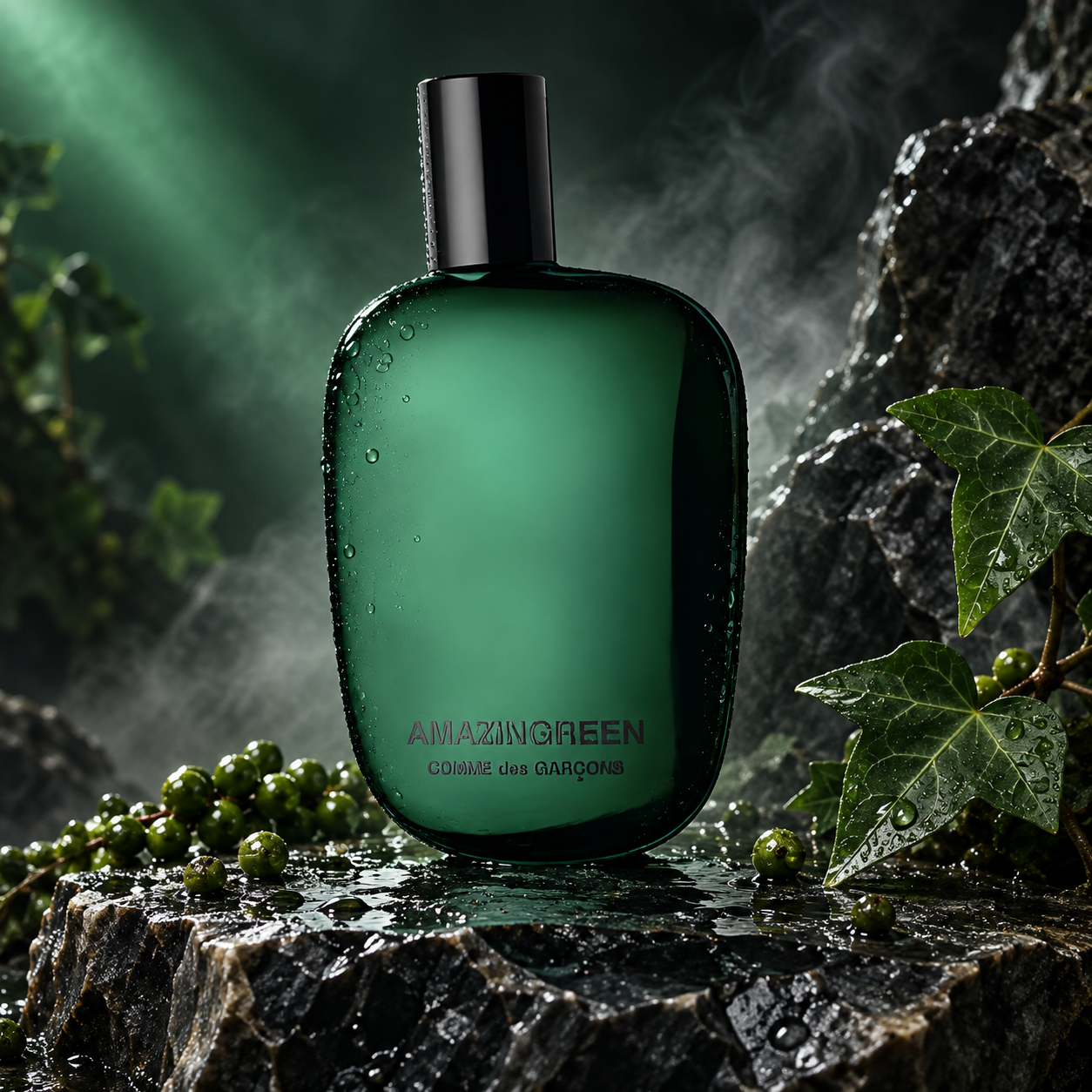 COMME des GARÇONS Amazingreen stands on wet dark stone beside green peppercorns and ivy, lit by emerald light against a misty background.