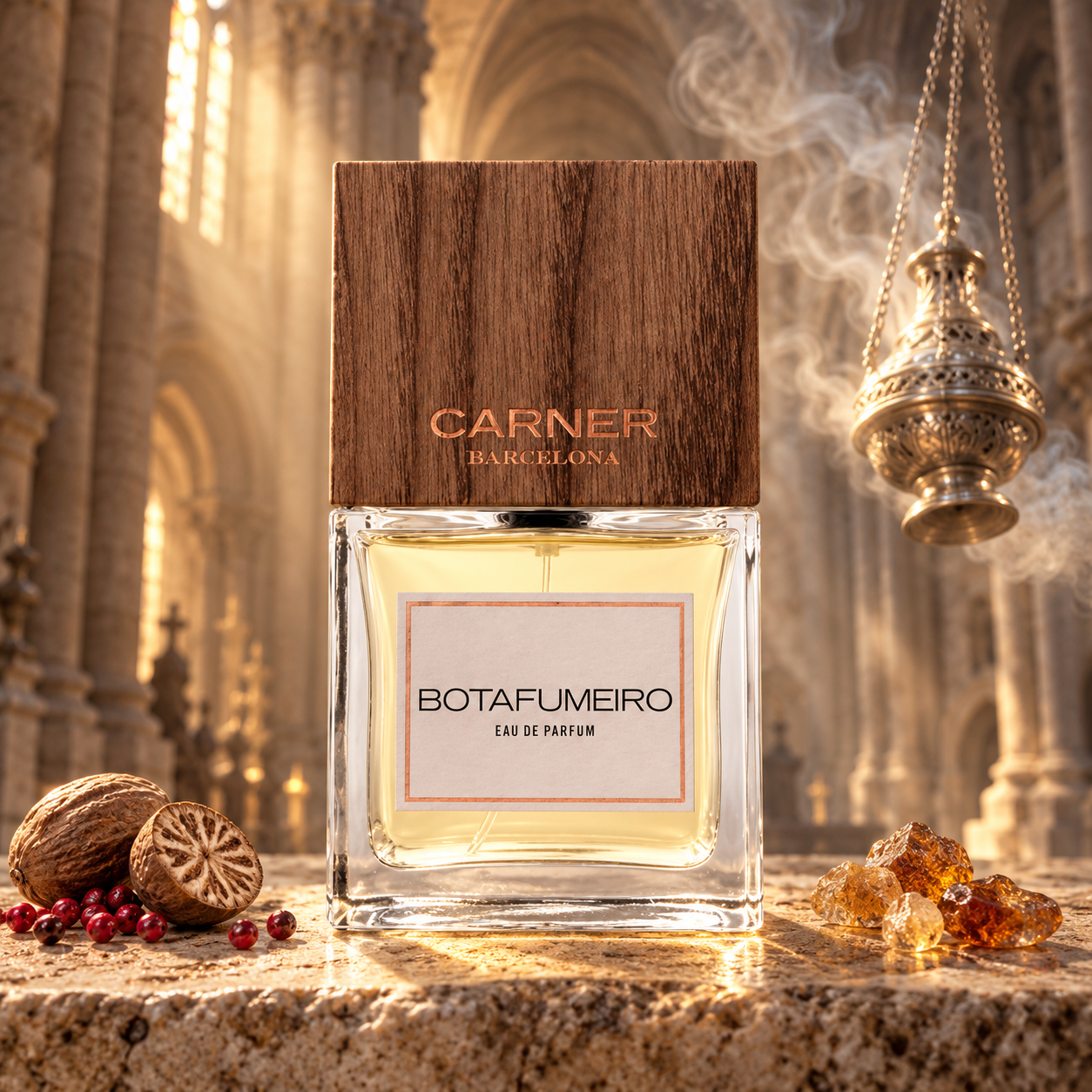 Carner Barcelona Botafumeiro in golden cathedral light beside nutmeg, pink peppercorns, and resin, with a hanging censer trailing incense smoke.