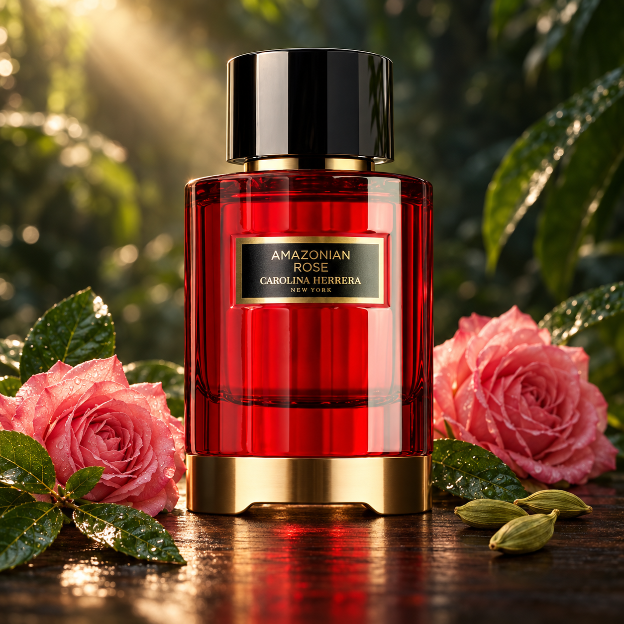 Carolina Herrera Amazonian Rose’s ruby-red bottle stands among pink roses, glossy mate leaves, and cardamom in warm rainforest light.