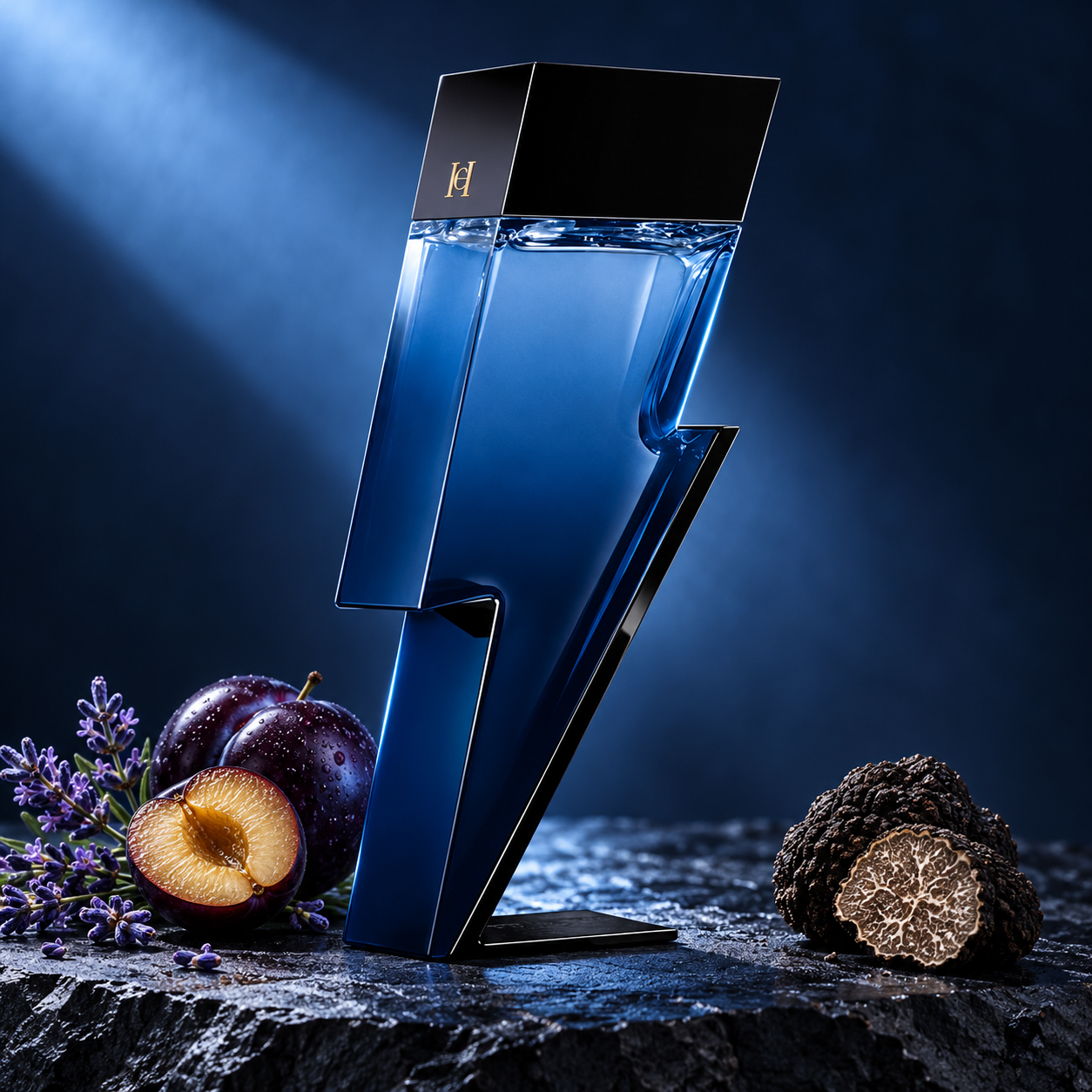 Carolina Herrera Bad Boy Cobalt’s blue lightning-bolt bottle on dark slate beside lavender, black plums, and sliced truffle under cool blue light.