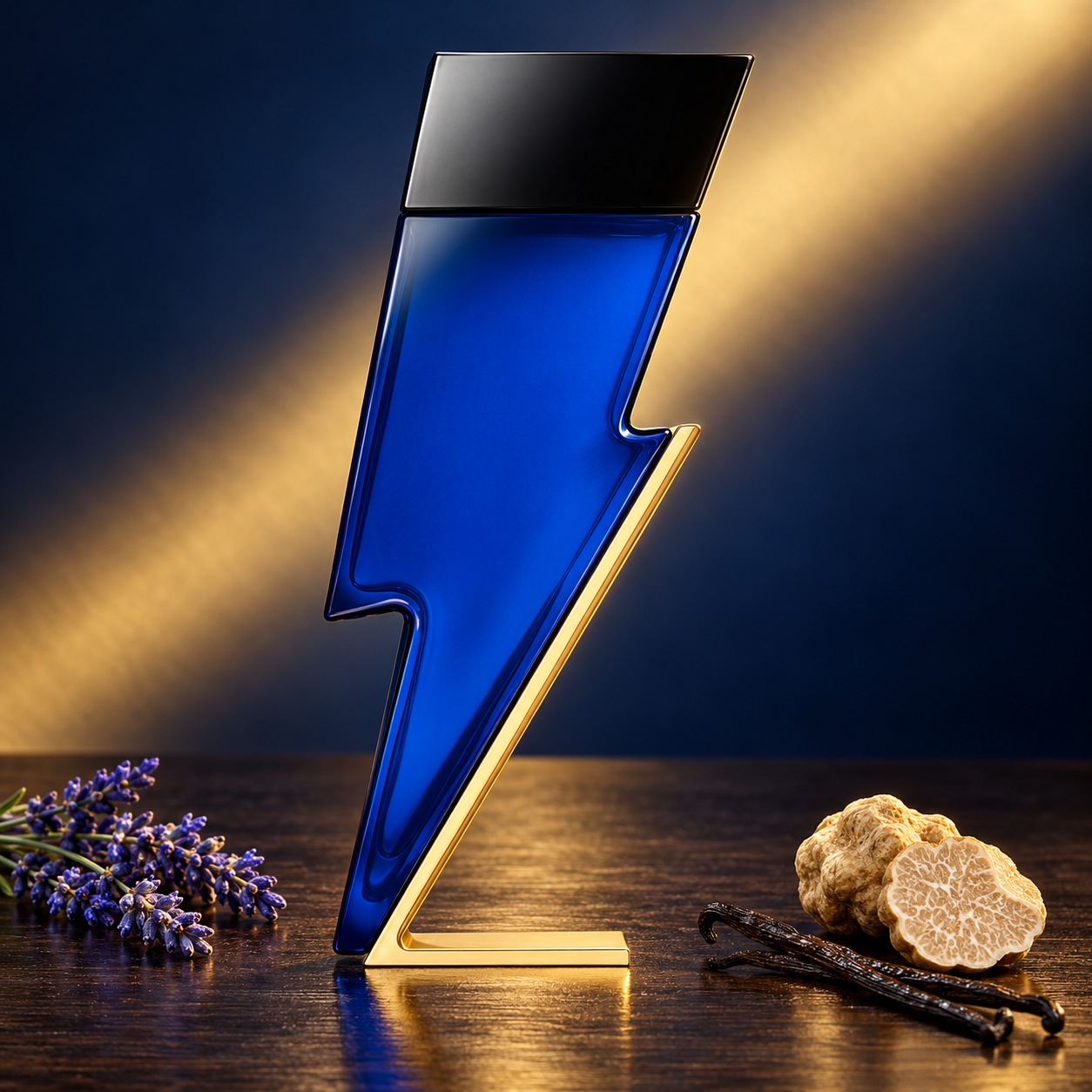 Carolina Herrera Bad Boy Cobalt Absolute’s blue-and-gold lightning-bolt bottle beside lavender, white truffle, and vanilla pods against a dark blue background with golden light.