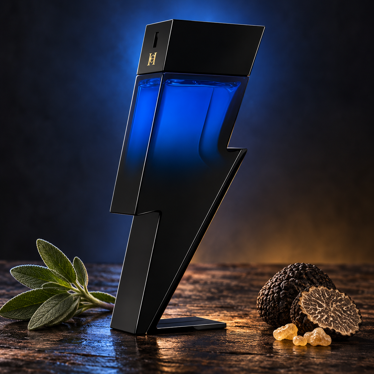 Carolina Herrera Bad Boy Cobalt Elixir’s blue-to-black lightning-bolt bottle beside sage, sliced black truffle, and frankincense resin under blue and amber light.