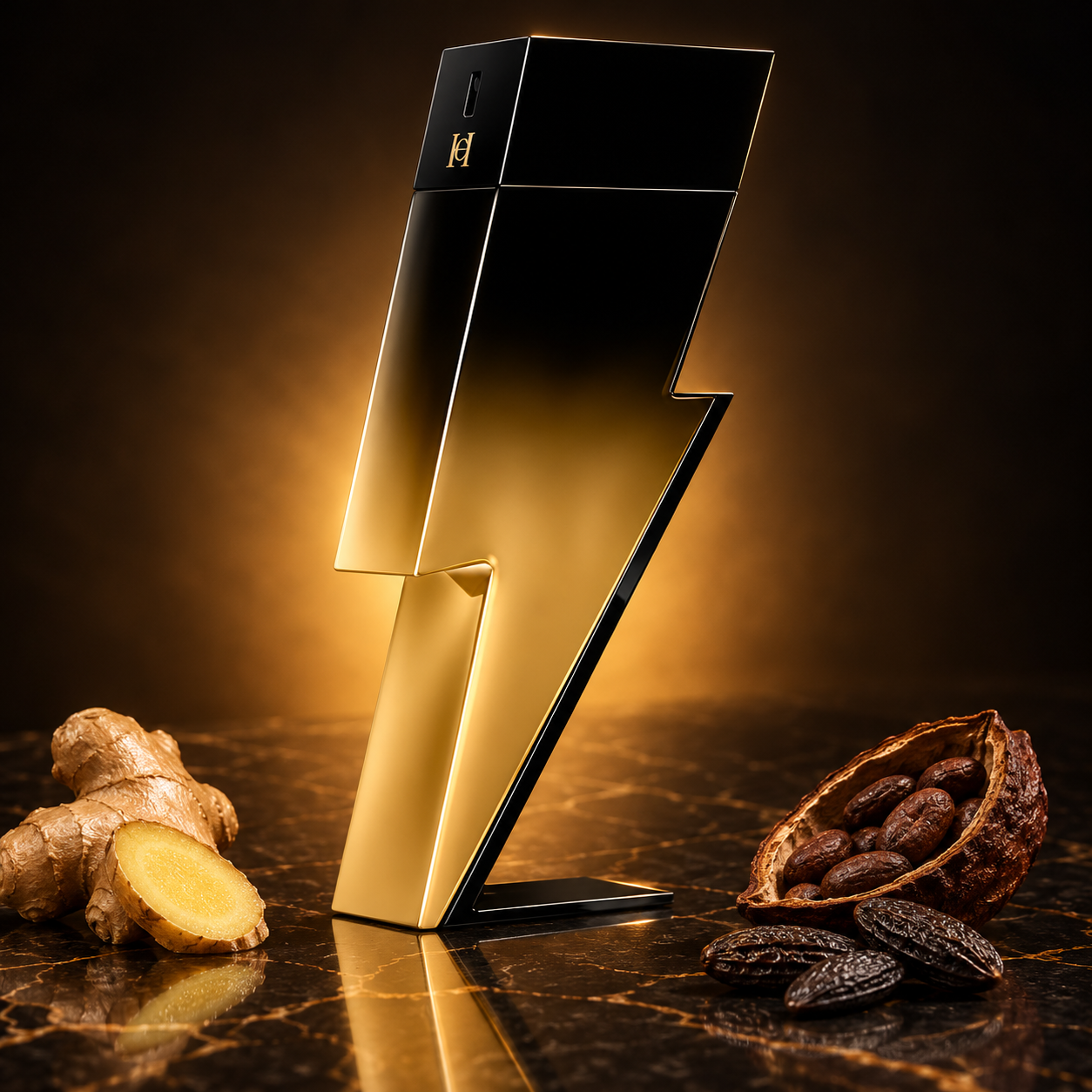 Carolina Herrera Bad Boy Extreme’s black-to-gold lightning-bolt bottle beside ginger, cacao, and tonka beans on dark stone in warm amber light.