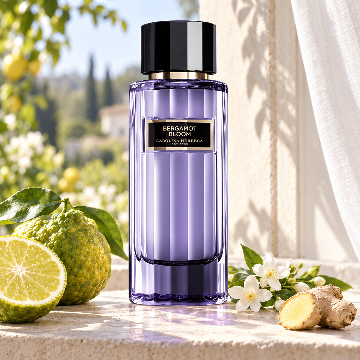 Carolina Herrera Bergamot Bloom beside bergamot, ginger, and jasmine on a sunlit limestone windowsill overlooking a citrus garden.