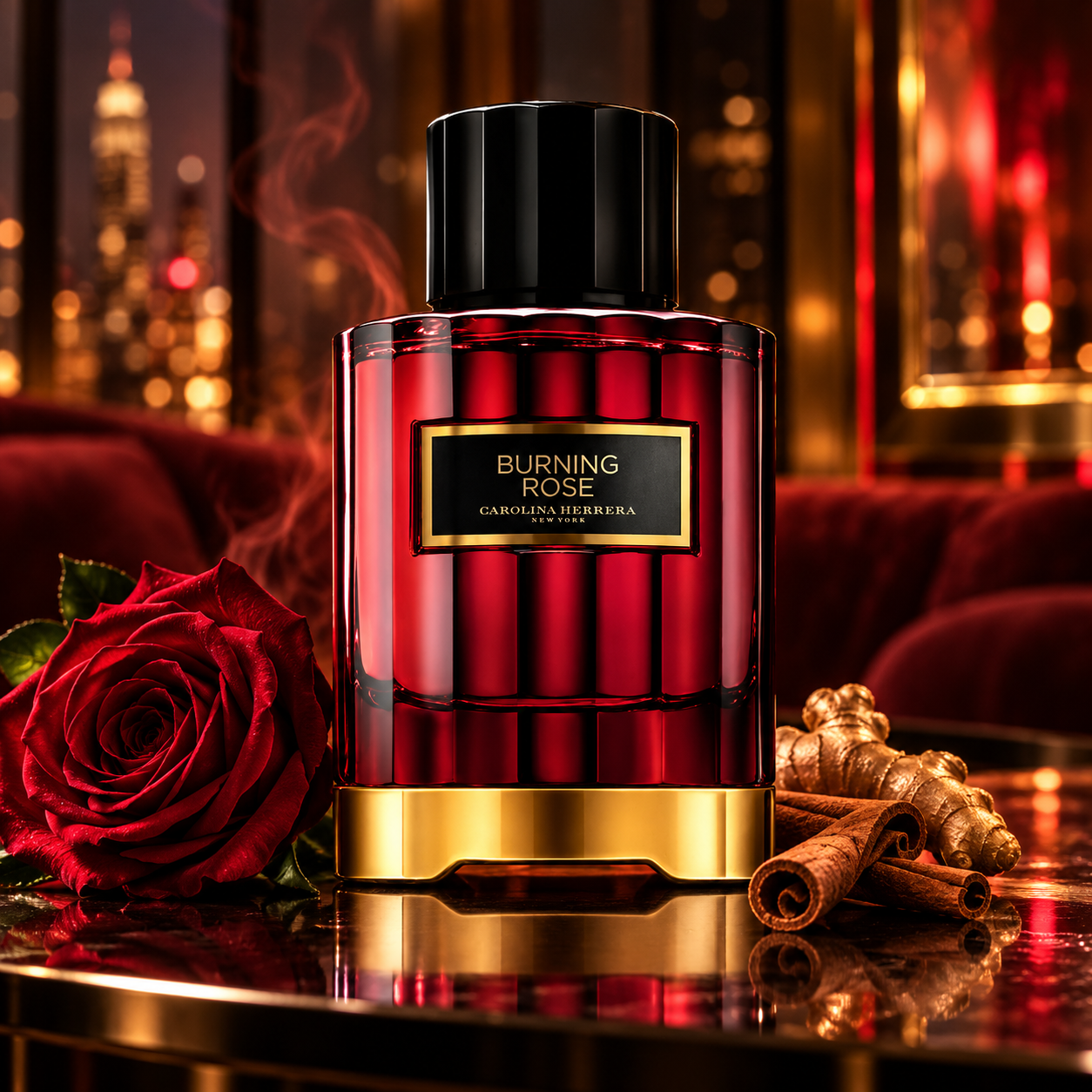 Carolina Herrera Burning Rose with a red rose, cinnamon, and ginger in a warmly lit vintage lounge.
