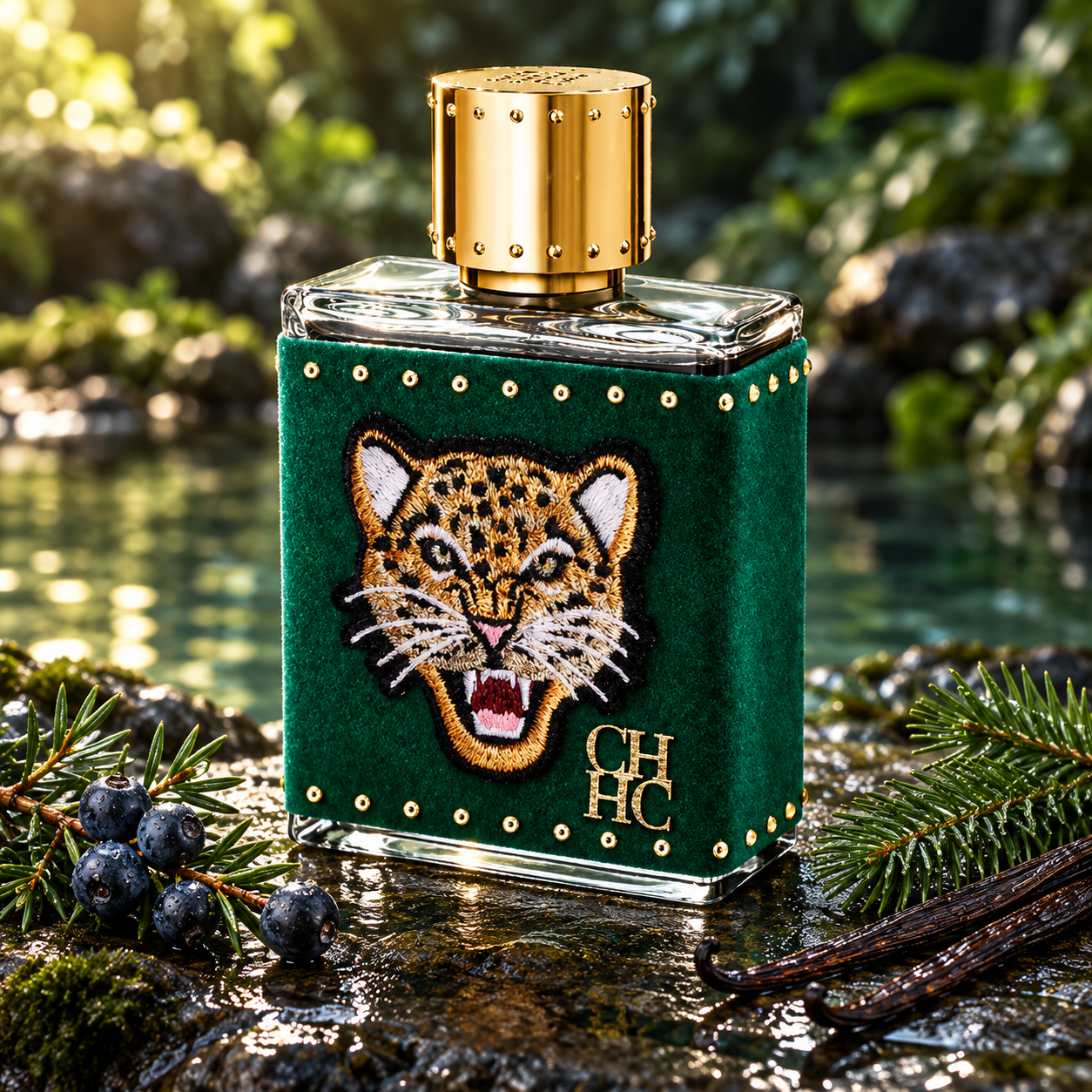 Carolina Herrera CH Beasts on wet stone beside a forest pool, with juniper berries, fir sprigs, and vanilla pods in dappled sunlight.