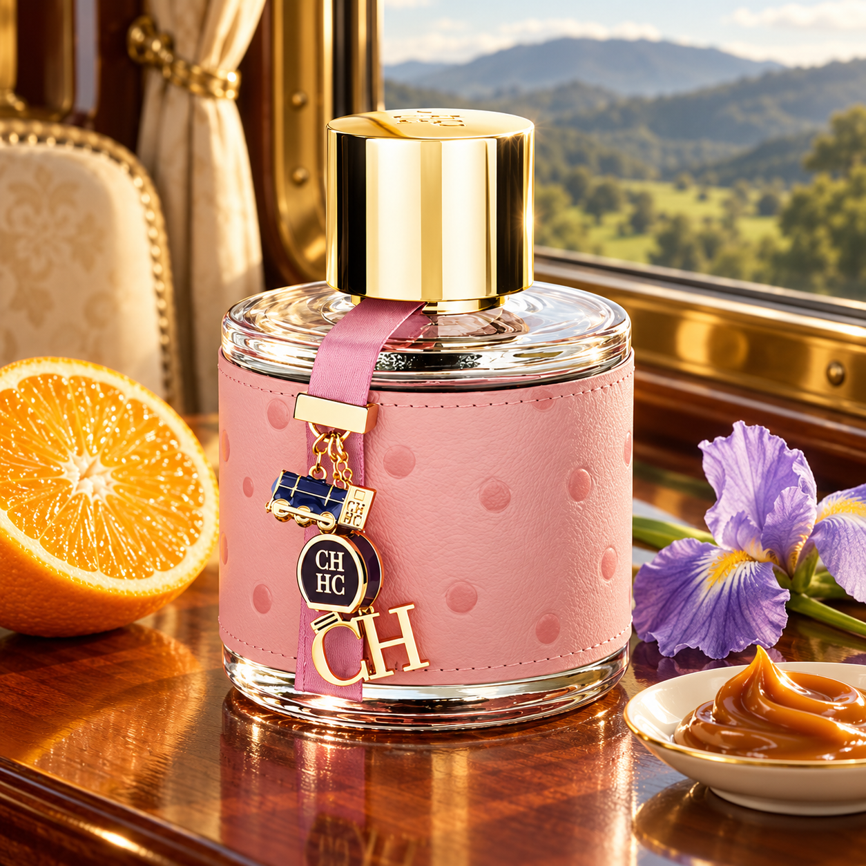 Carolina Herrera CH Grand Tour on a polished table inside a vintage train, beside an orange half, purple iris, and dulce de leche, with green hills outside the window.
