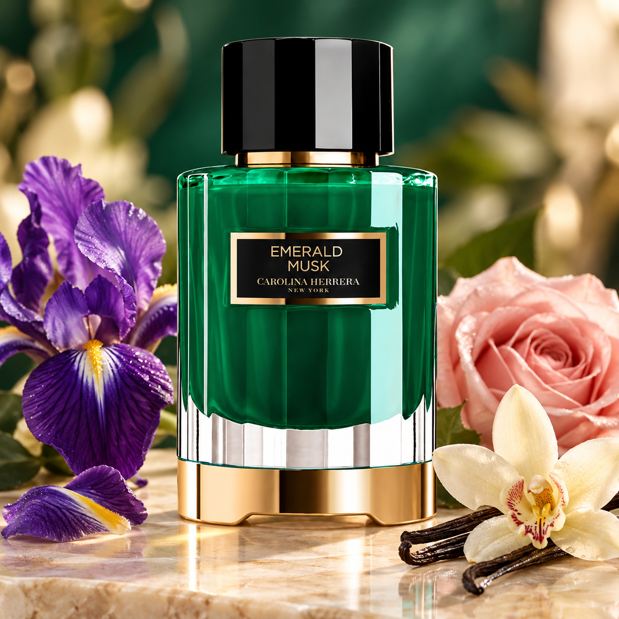 Carolina Herrera Emerald Musk perfume with purple iris, pink rose and vanilla orchid on pale stone in warm light.