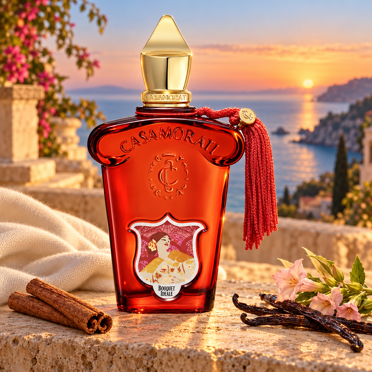 Casamorati Bouquet Ideale on a Mediterranean terrace at sunset, beside cinnamon, vanilla pods, tobacco blossoms, and ivory cashmere.