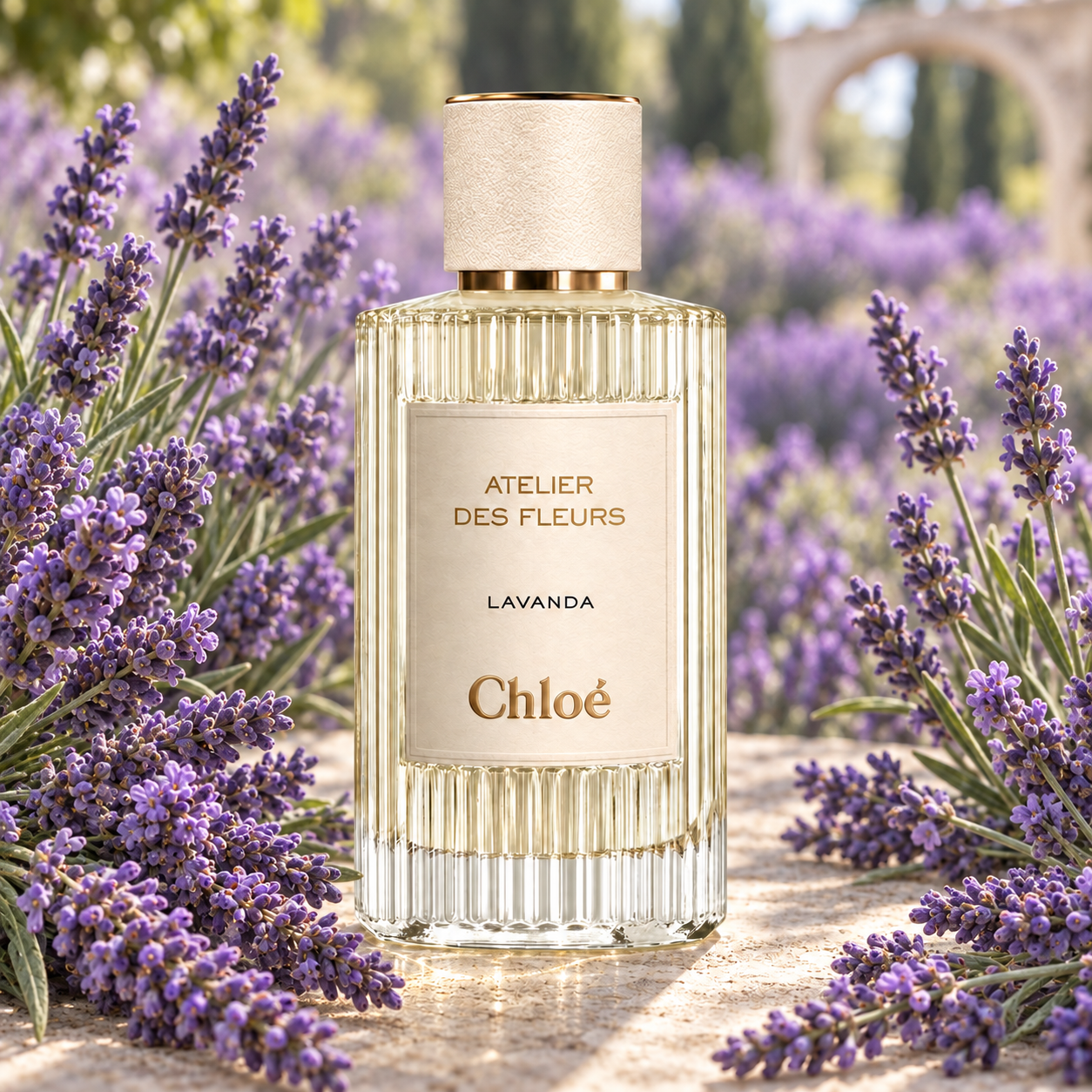 Chloé Lavanda framed by abundant purple lavender on a sunlit limestone table, with a softly blurred lavender garden behind it.