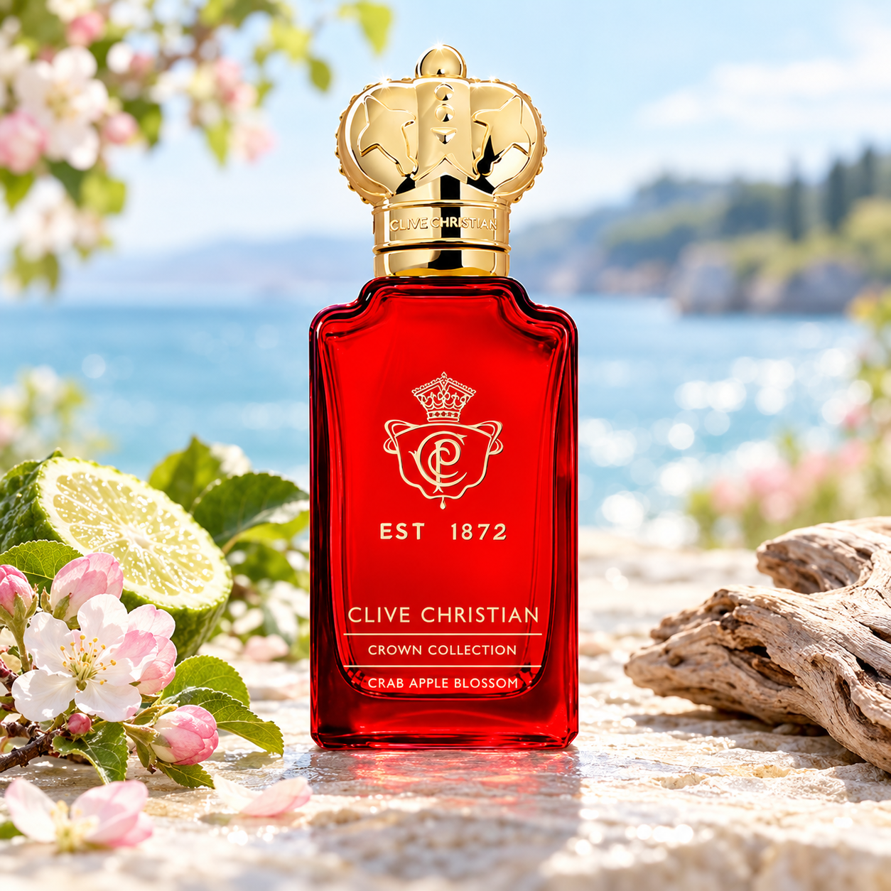Clive Christian Crab Apple Blossom perfume with apple blossoms, cut bergamot, and driftwood beside sunlit blue water.