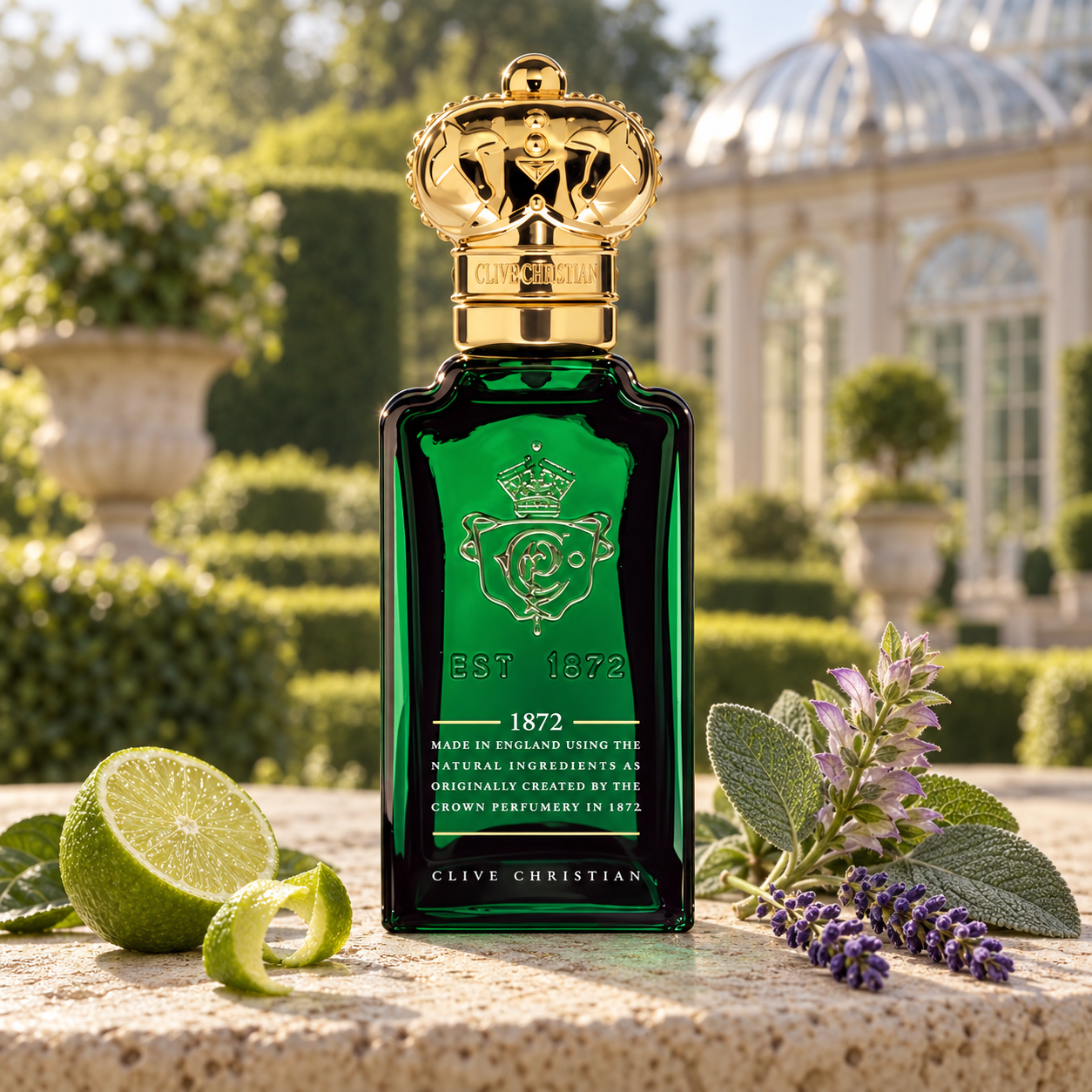 Clive Christian 1872 for Men with lime, clary sage, and lavender on a stone terrace overlooking a formal garden and glass conservatory.