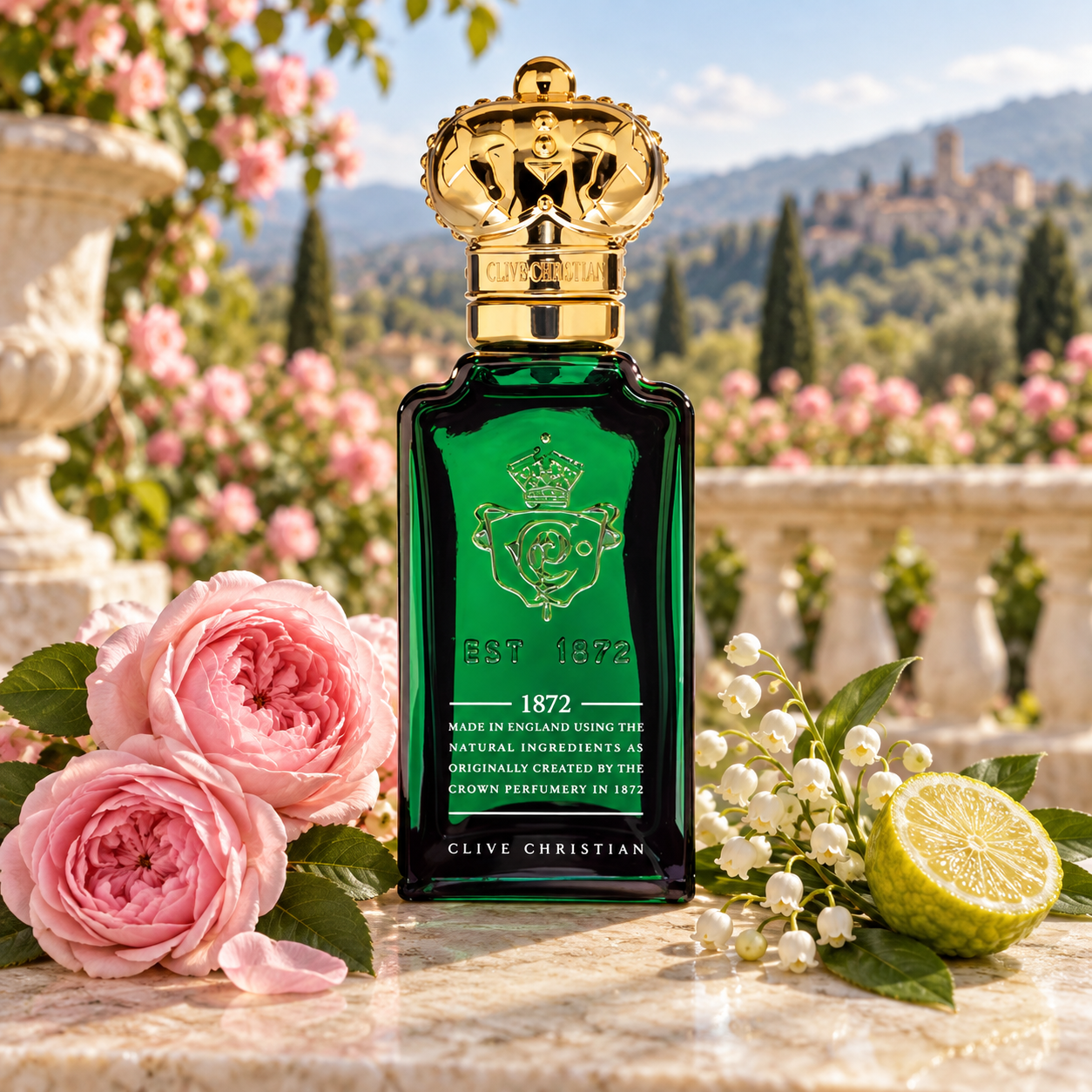 Clive Christian 1872 for Women with pink roses, lily of the valley, and bergamot on a sunlit stone terrace overlooking a rose garden.