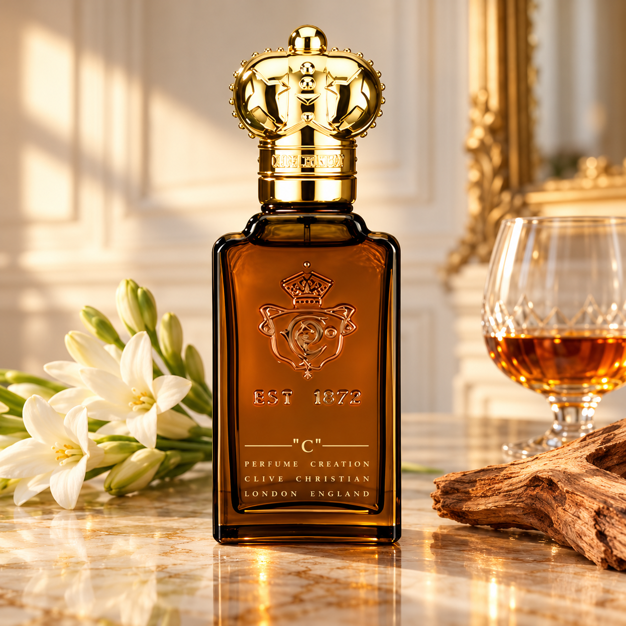 Clive Christian C for Women with white tuberose, cognac, and sandalwood on marble in warm afternoon light.