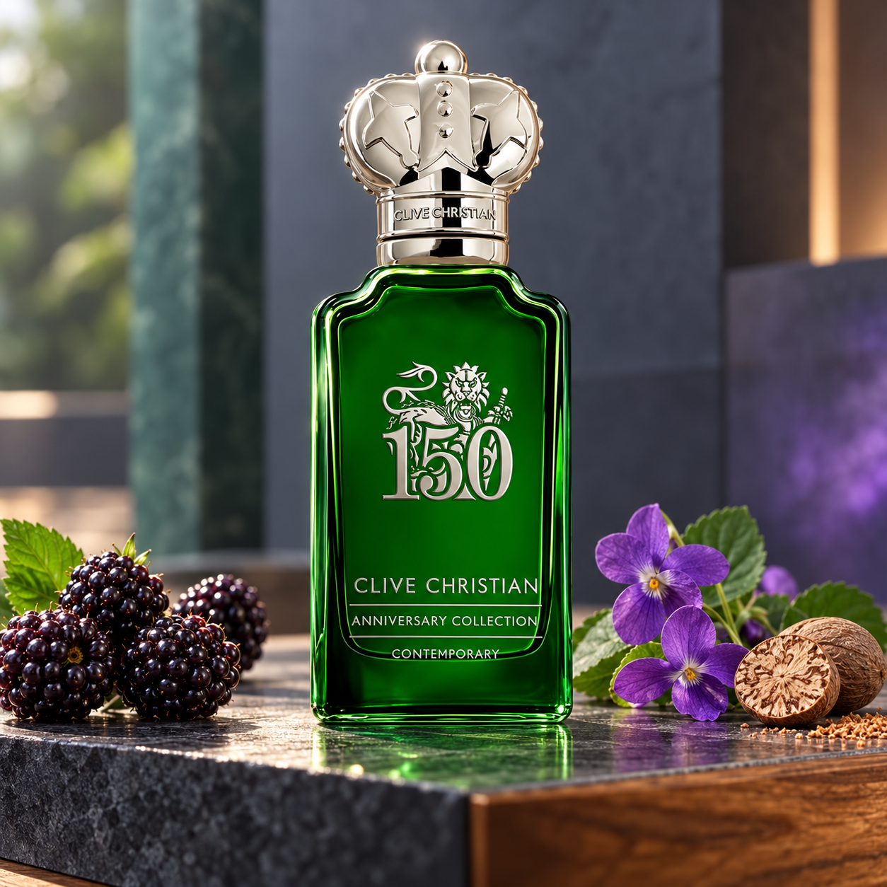 Clive Christian Contemporary’s emerald bottle on charcoal stone beside blackberries, violet blossoms, and nutmeg in soft directional light.