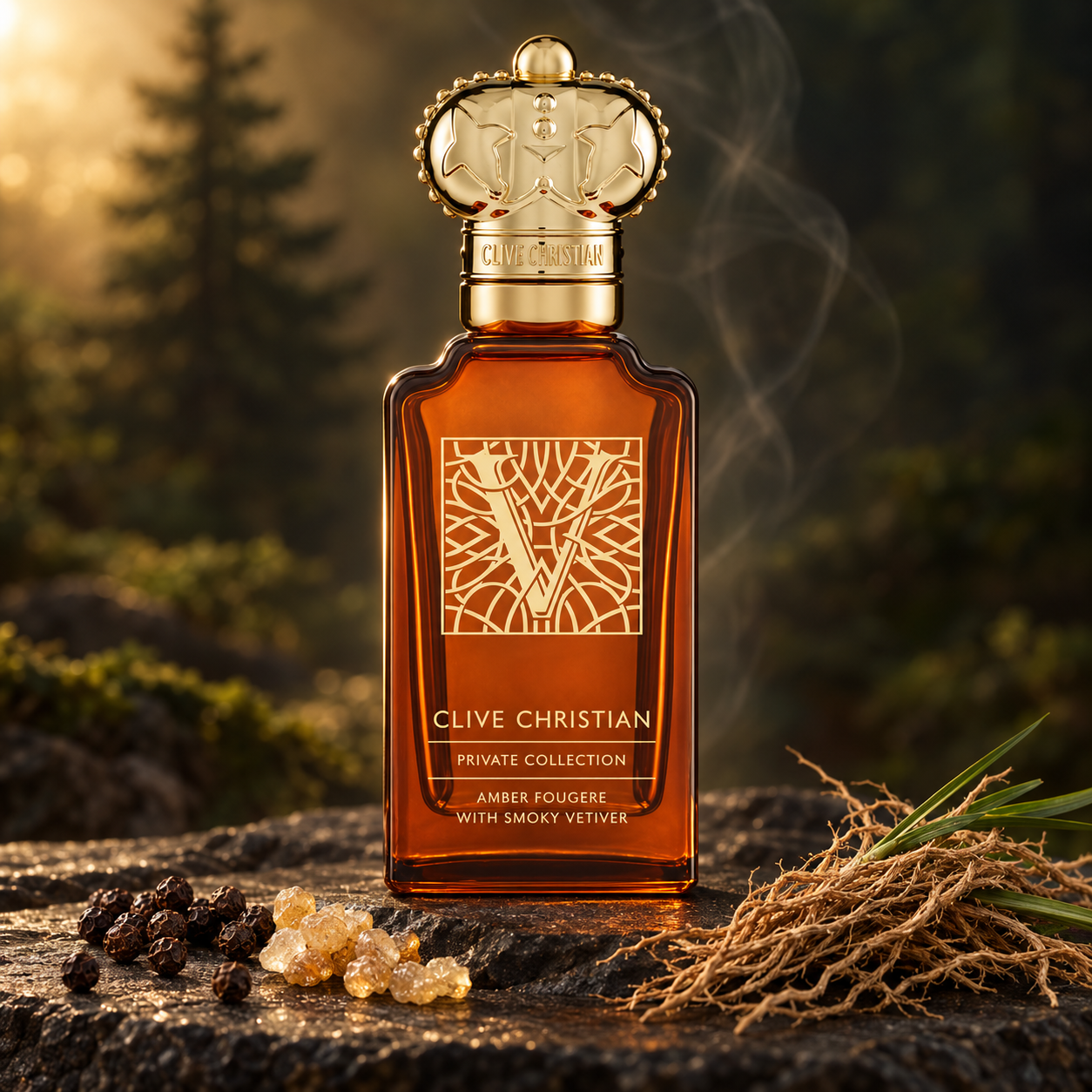 Clive Christian V Amber Fougere bottle on dark stone beside peppercorns, frankincense resin, and vetiver roots, with softly blurred trees and drifting smoke.