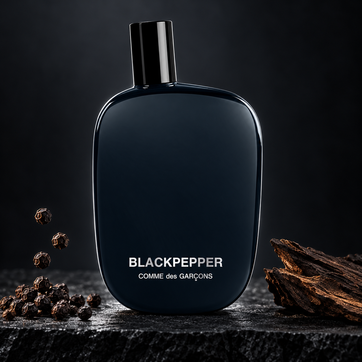 Comme des Garçons Blackpepper on black stone beside suspended peppercorns and dark wood, outlined by cool silver lighting.