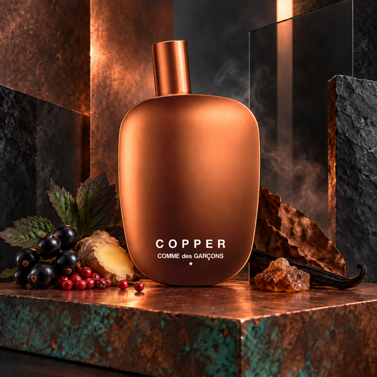 Comme des Garçons Copper perfume stands on an oxidized copper platform among blackcurrants, pink peppercorns, ginger, tobacco, vanilla, and myrrh in a smoky industrial gallery.
