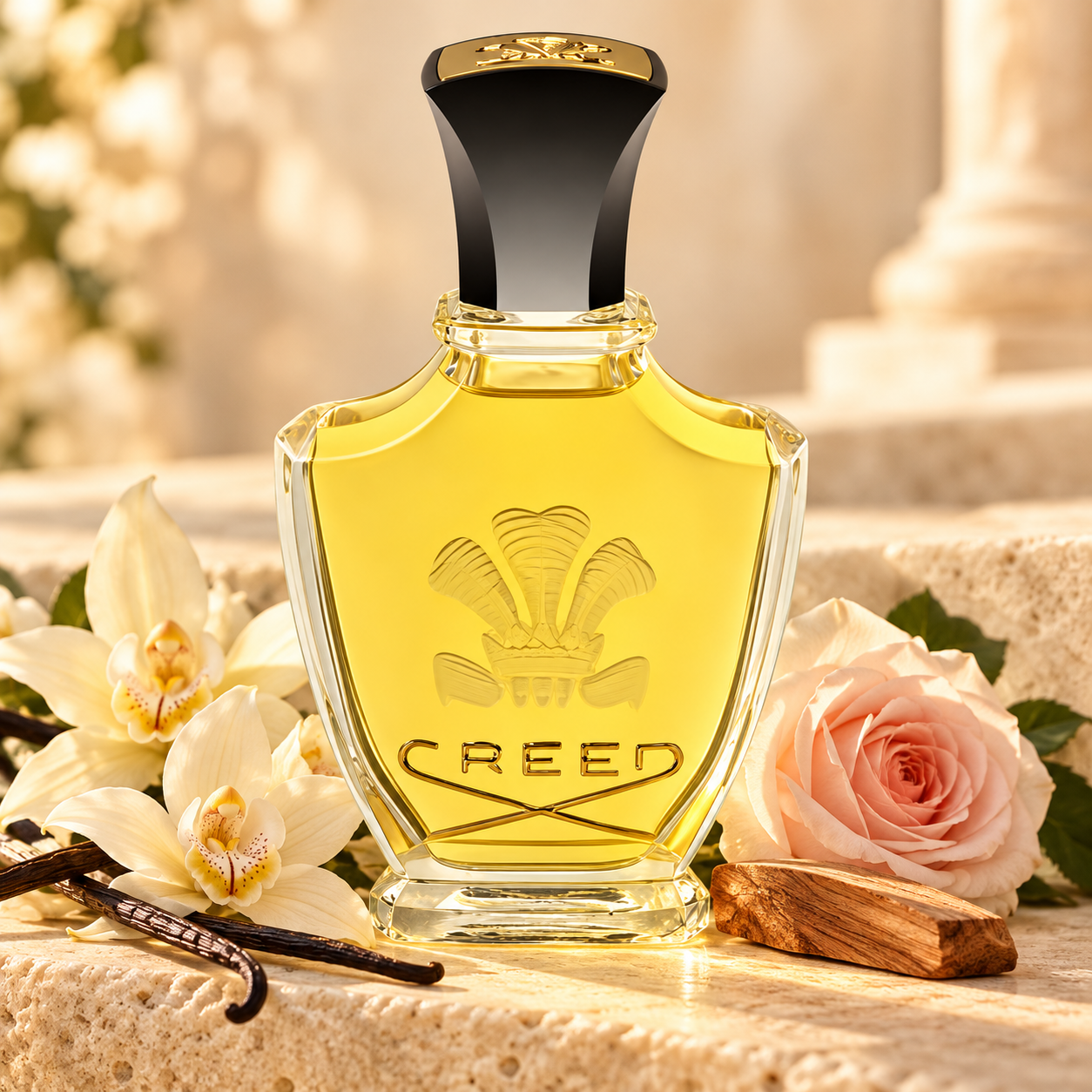 Creed Vanisia perfume on cream stone beside vanilla orchids, a blush rose, and sandalwood in warm golden light.