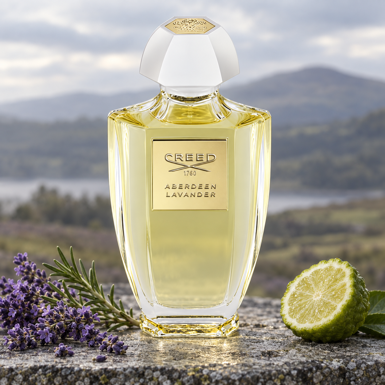 Creed Aberdeen Lavender beside lavender, rosemary, and bergamot on grey stone, with softly blurred hills behind.