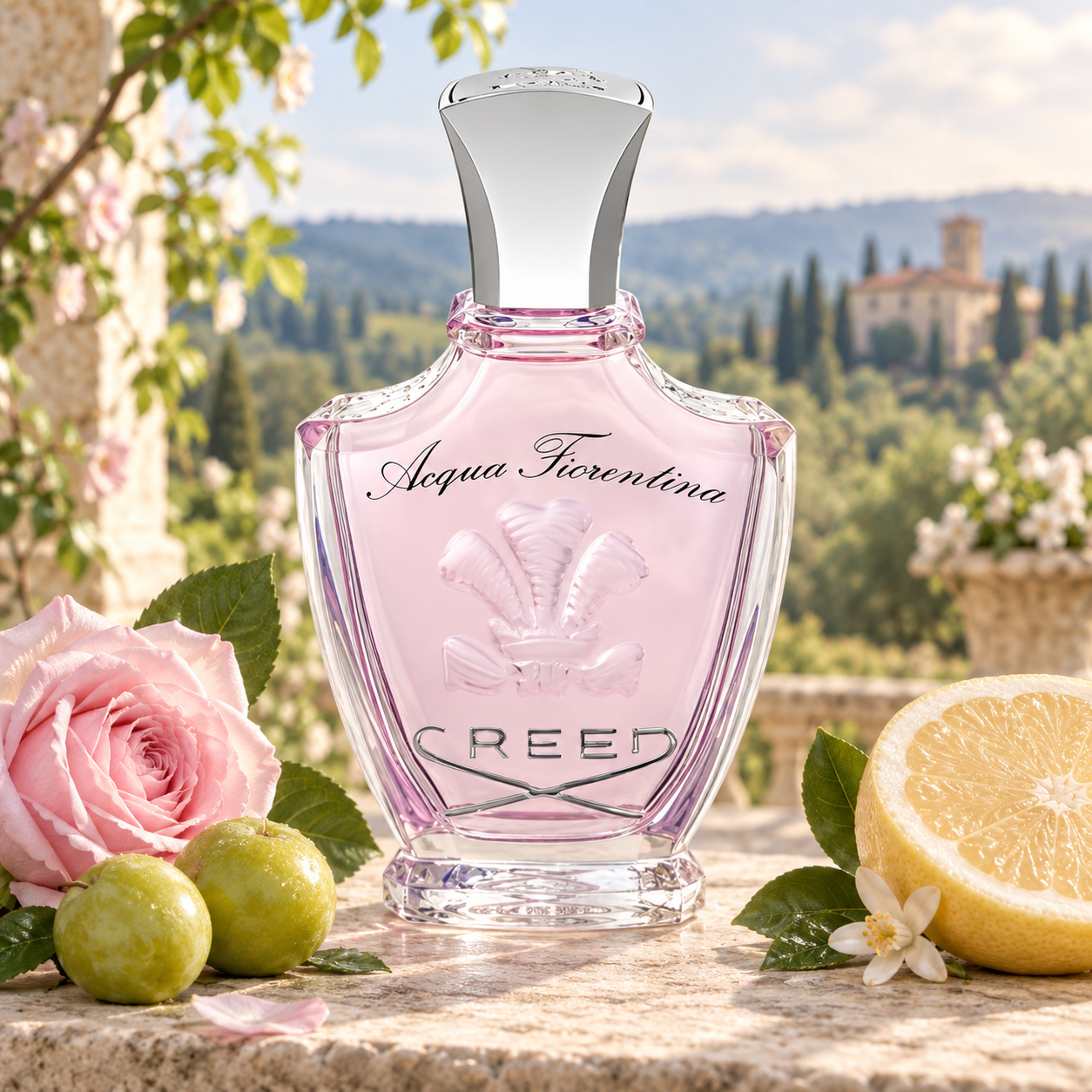 reed Acqua Fiorentina on sunlit limestone beside a pink rose, green plums, and white grapefruit, overlooking softly blurred Tuscan hills.