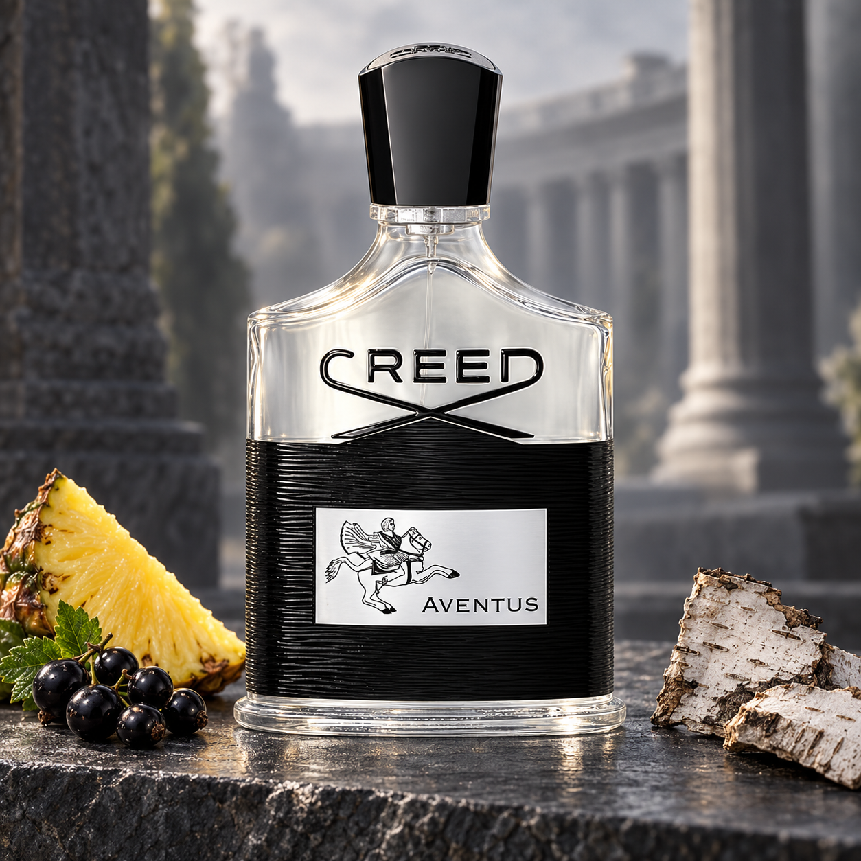Creed Aventus on dark stone beside pineapple, blackcurrants, and birch bark, with classical columns softly blurred behind it.