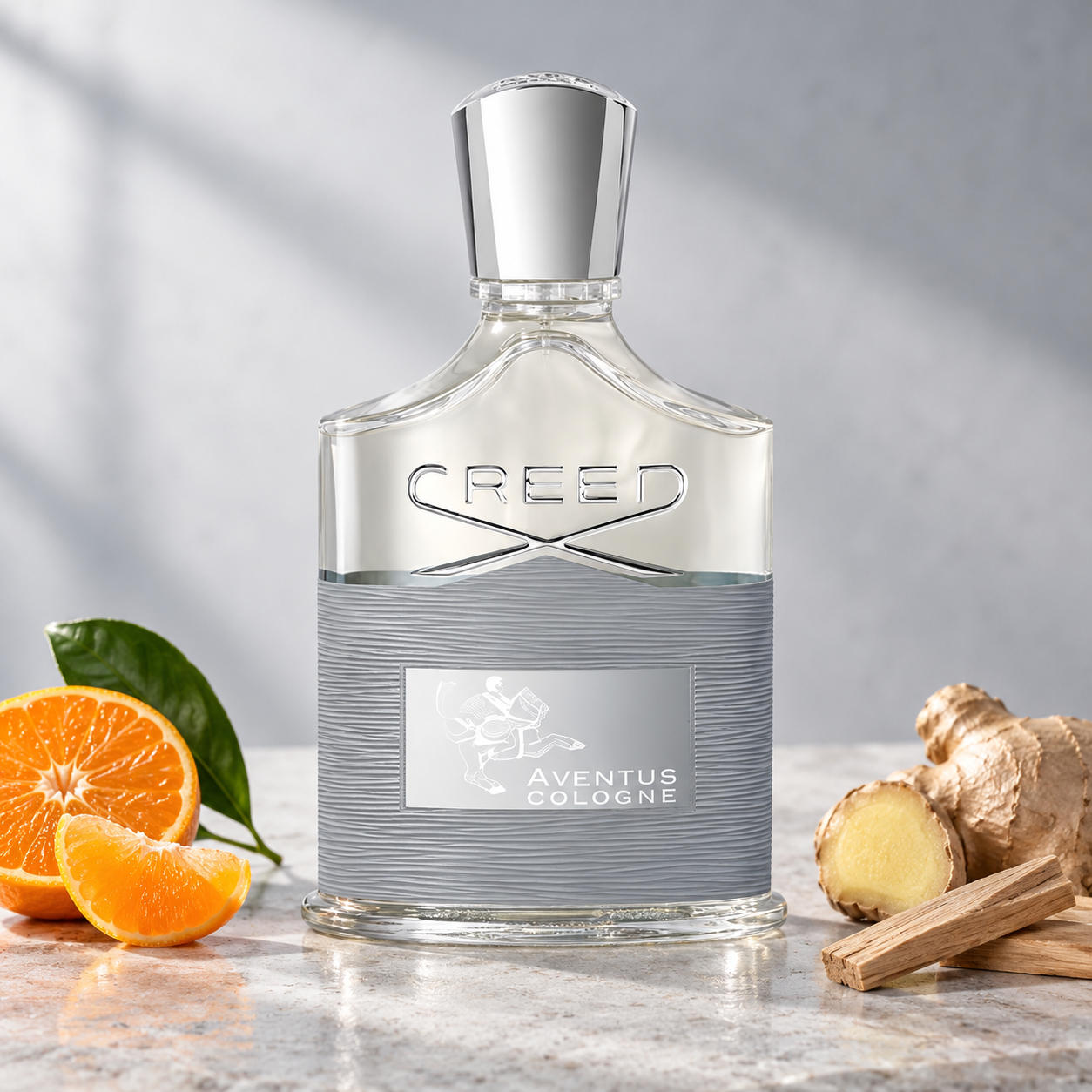 Creed Aventus Cologne on pale stone beside mandarin, sliced ginger, and sandalwood in soft daylight.