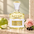 Creed Aventus for Her on ivory travertine beside green apple, a pale pink rose, and blackcurrants in soft golden daylight.